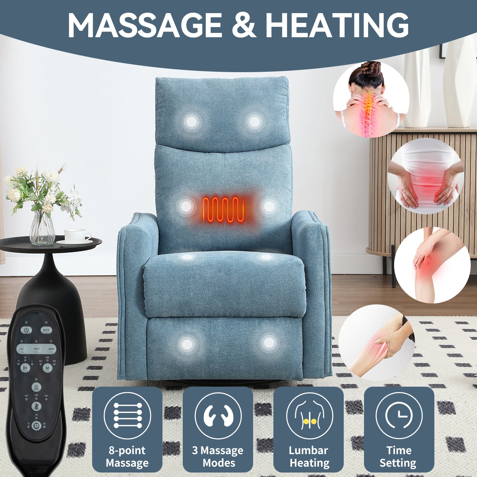Heat Massage Manual Recliner Chair with Rocker and Swivel in Fabric for Living Room detail image 28