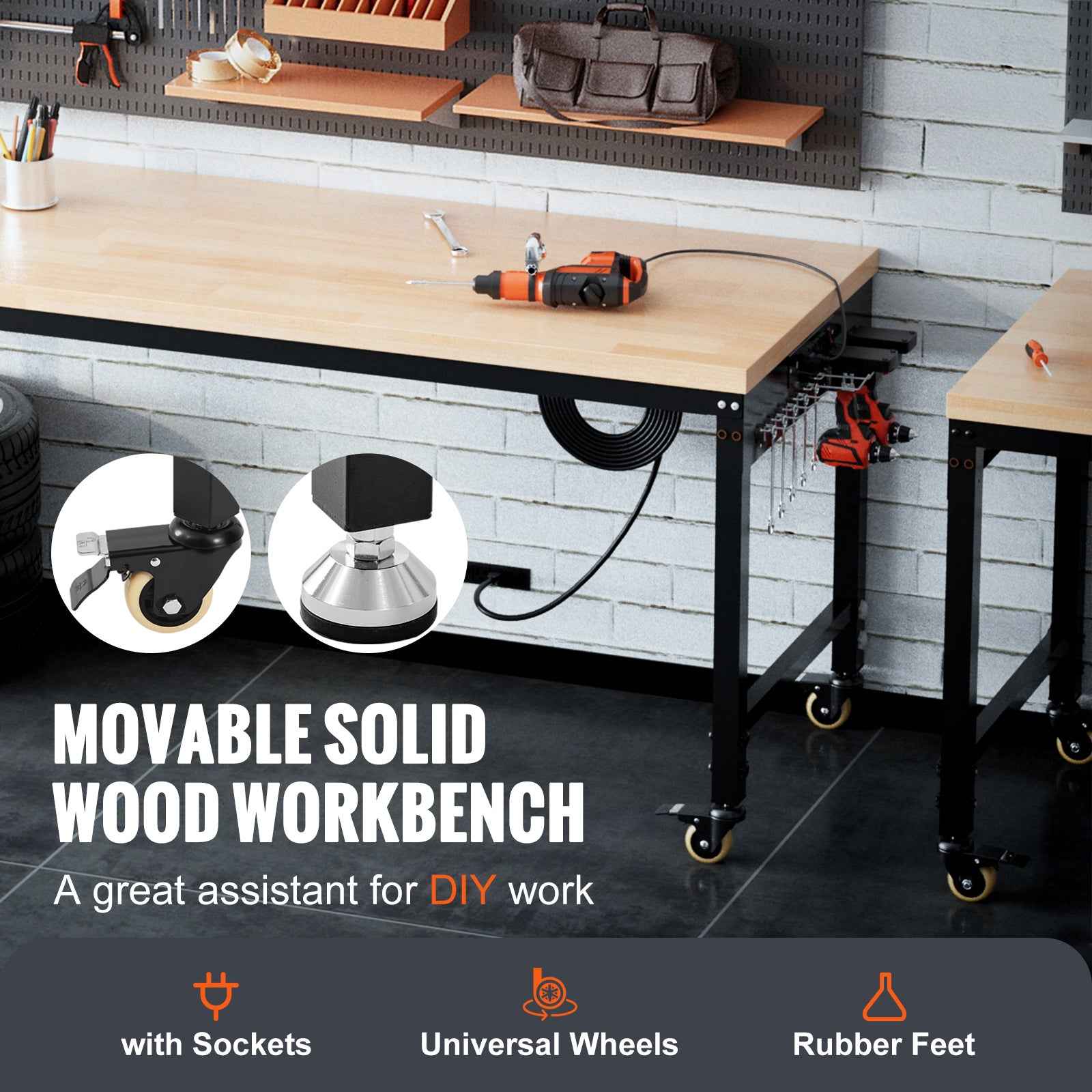 VEVOR Adjustable Height Hardwood Workbench with Power Outlets for workshop, garage, storage, or utility use