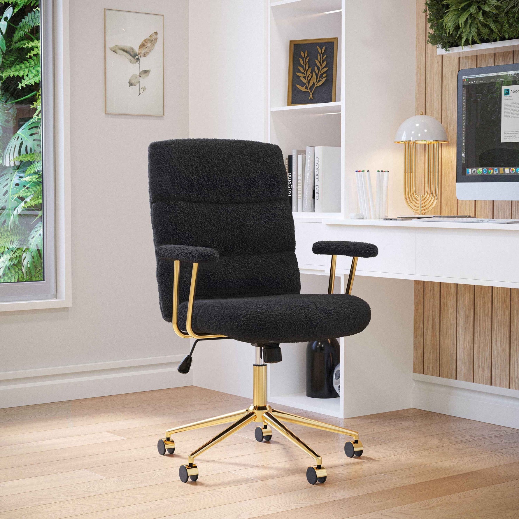 Textured Boucle Gold Office Chair with Padded Arms workspace desk setup