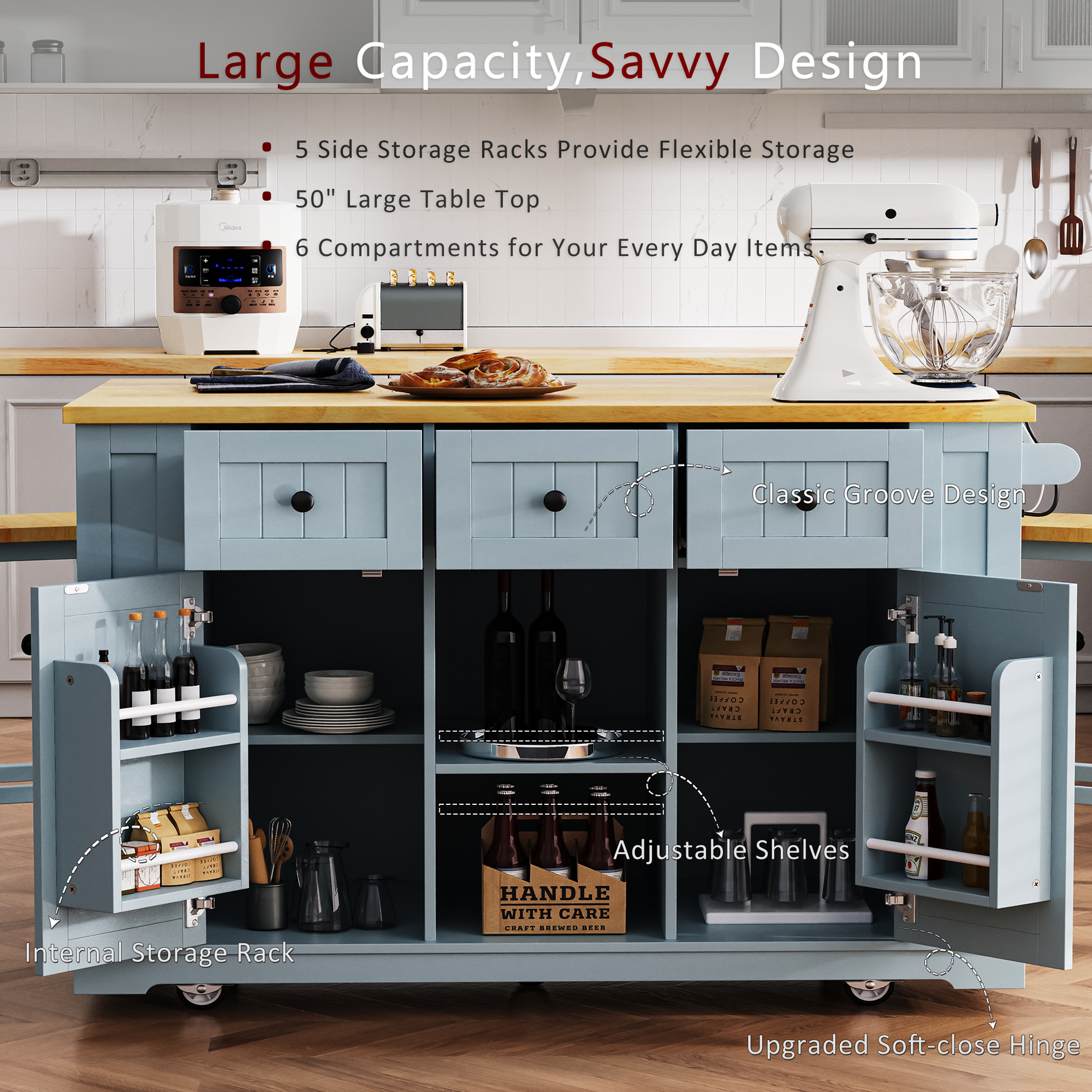 53 in. Farmhouse Kitchen Island with Power Outlet & Stools product view 63