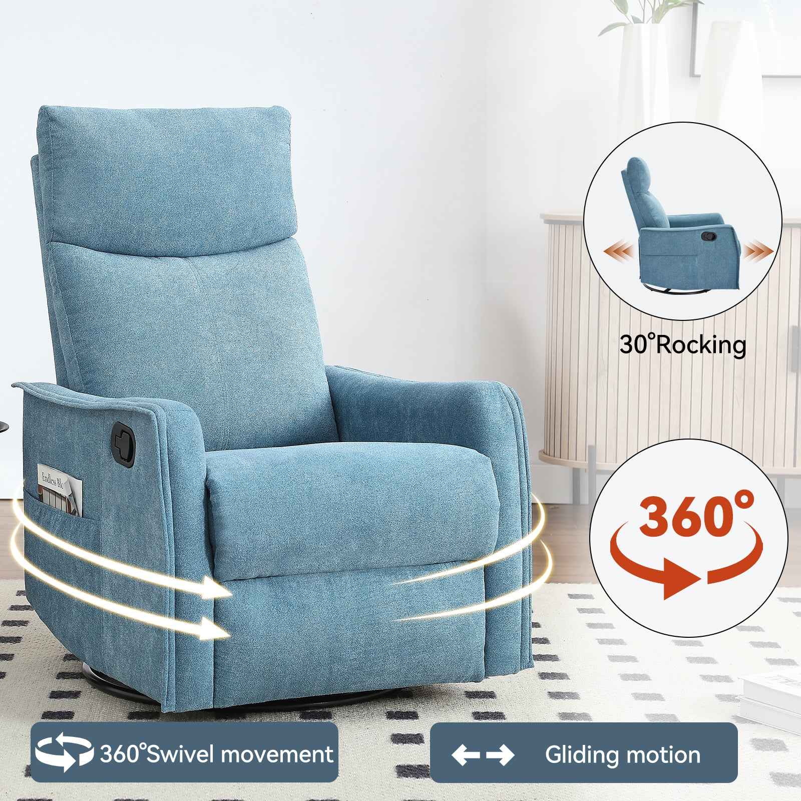 Heat Massage Manual Recliner Chair with Rocker and Swivel in Fabric for Living Room detail image 23