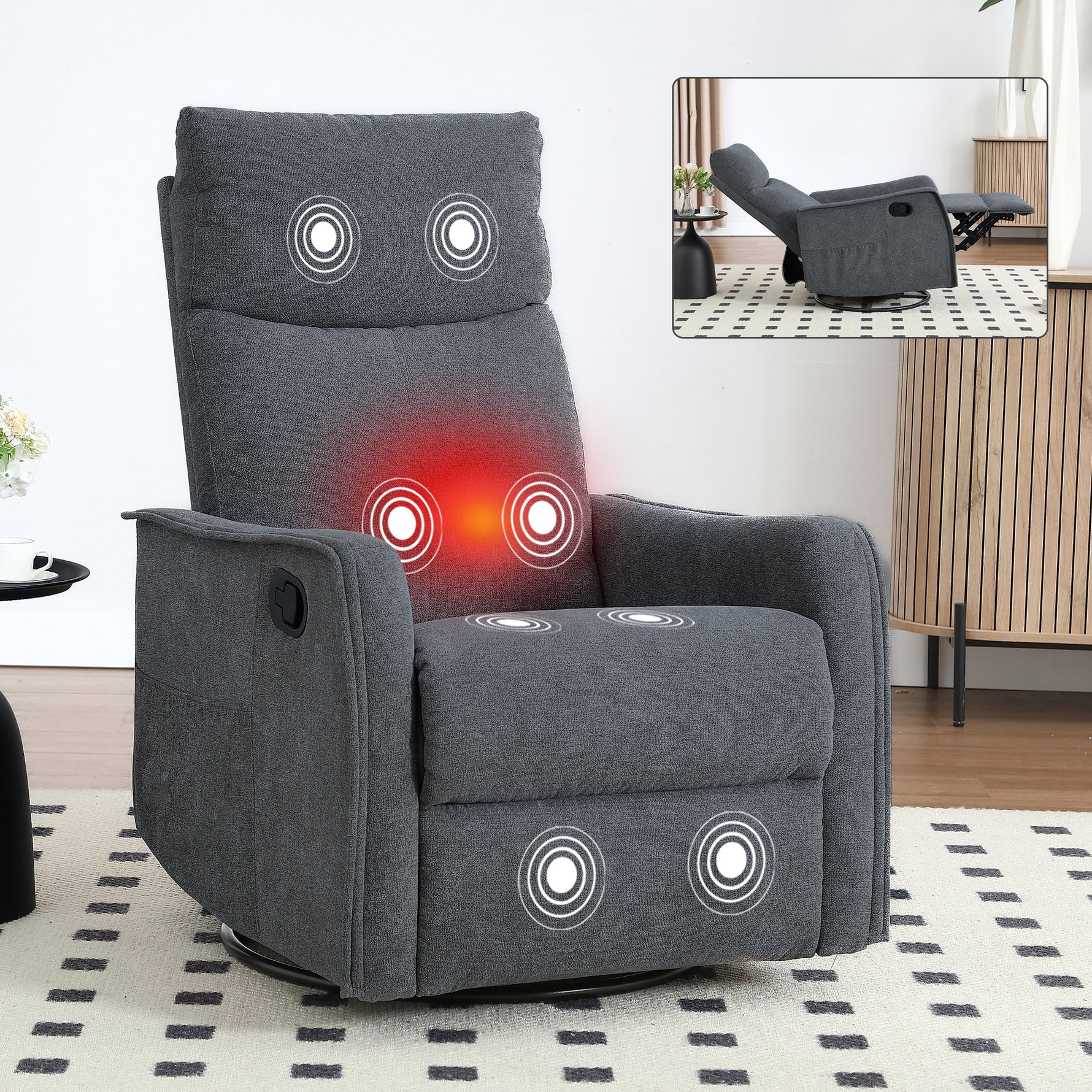 Heat Massage Manual Recliner Chair with Rocker and Swivel in Fabric for Living Room detail image 90