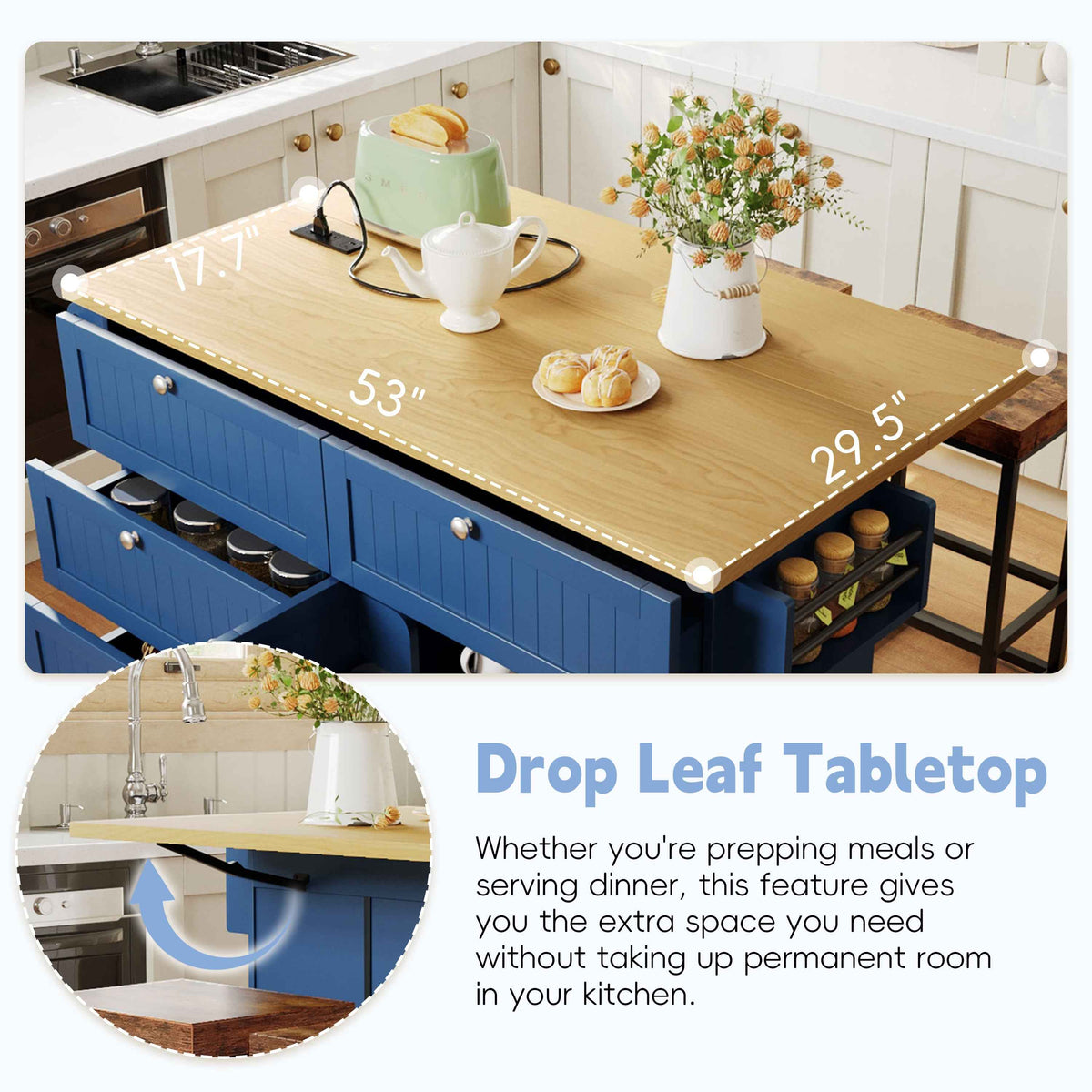 Farmhouse Kitchen Island with Drop Leaf, Power Outlet & 2 Seats product view 4