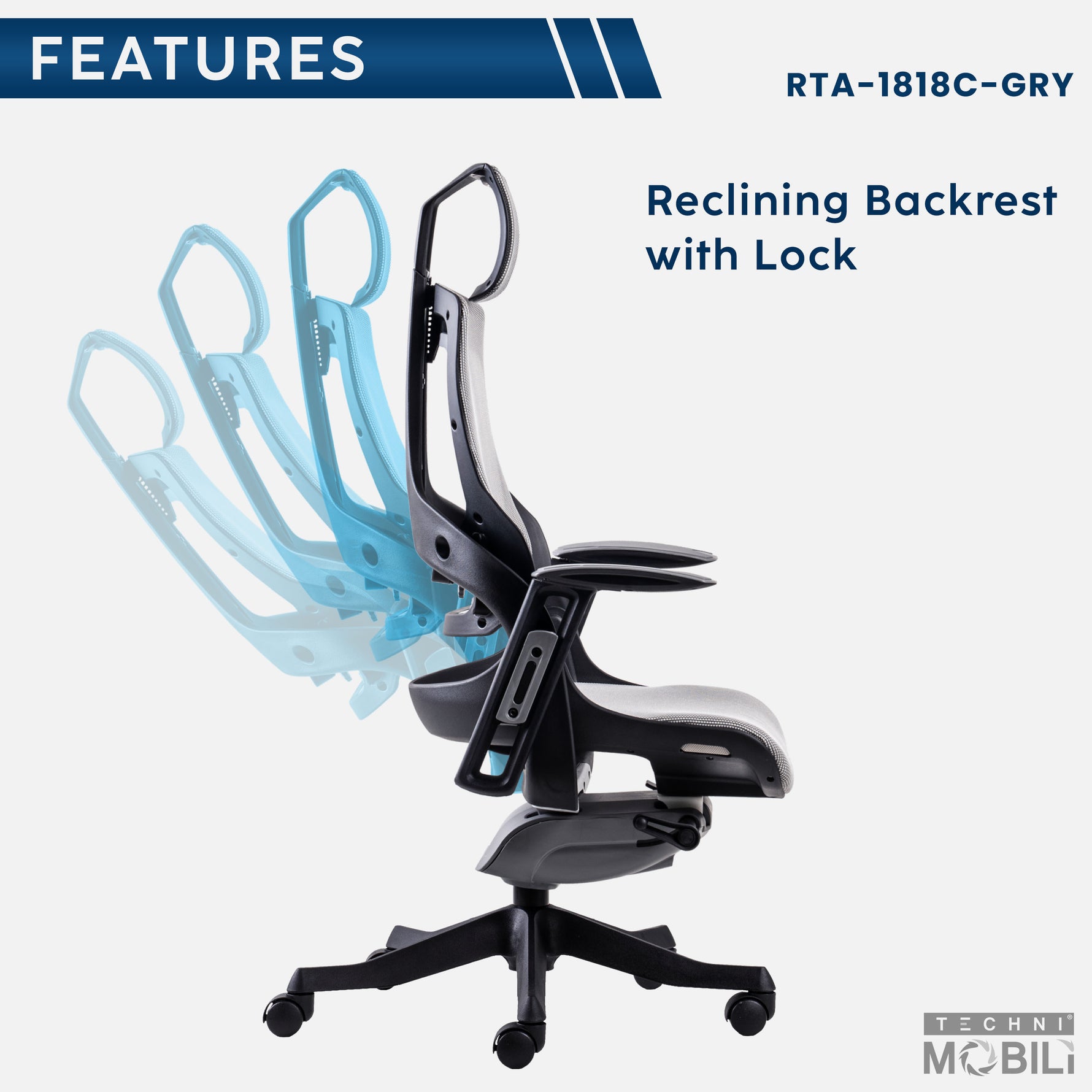 Techni Mobili LUX Ergonomic Executive Chair, Grey for home office seating