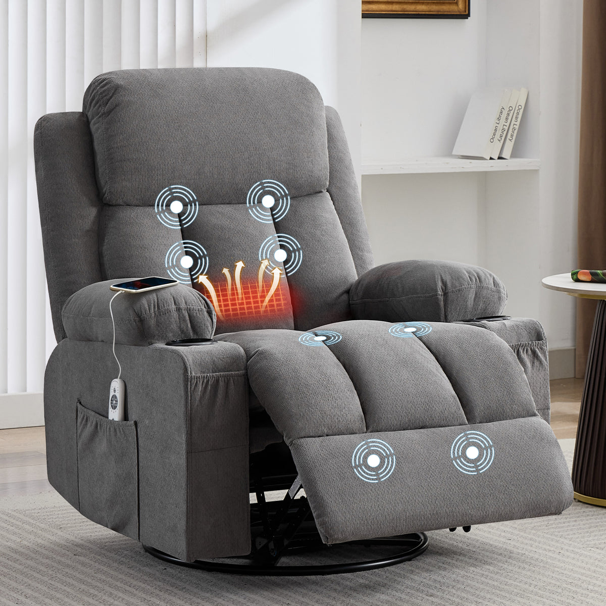 Swivel Rocker Recliner Chair with Vibration Massage, Heat, USB Port and Cup Holderrs detail image 43