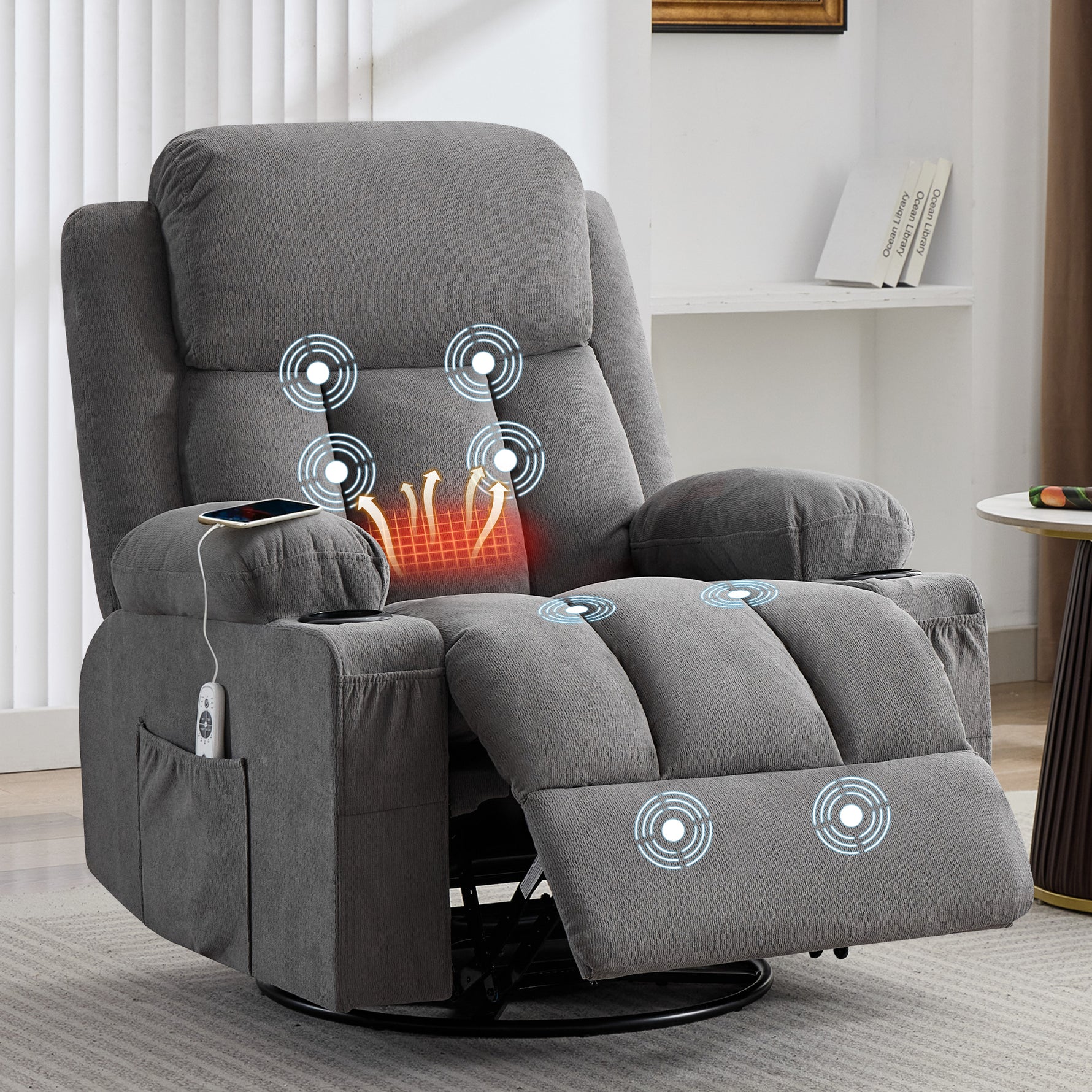 Swivel Rocker Recliner Chair with Vibration Massage, Heat, USB Port and Cup Holderrs detail image 43