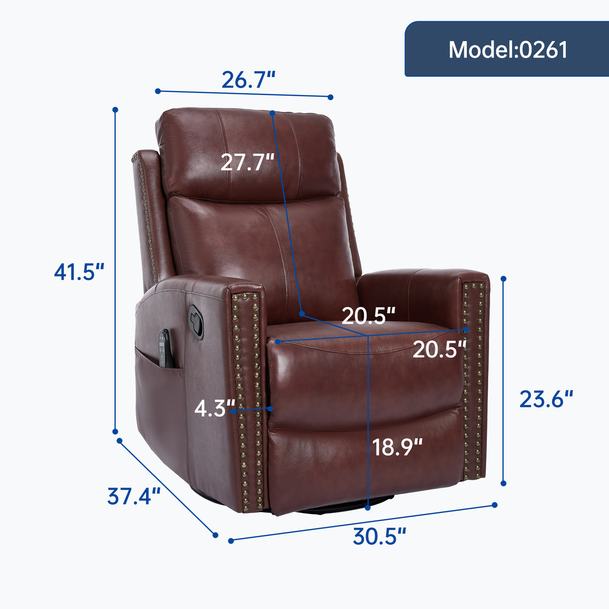 Genuine Leather Heat Massage Manual Recliner Chair with Rocker and Swivel for Living Room detail image 33