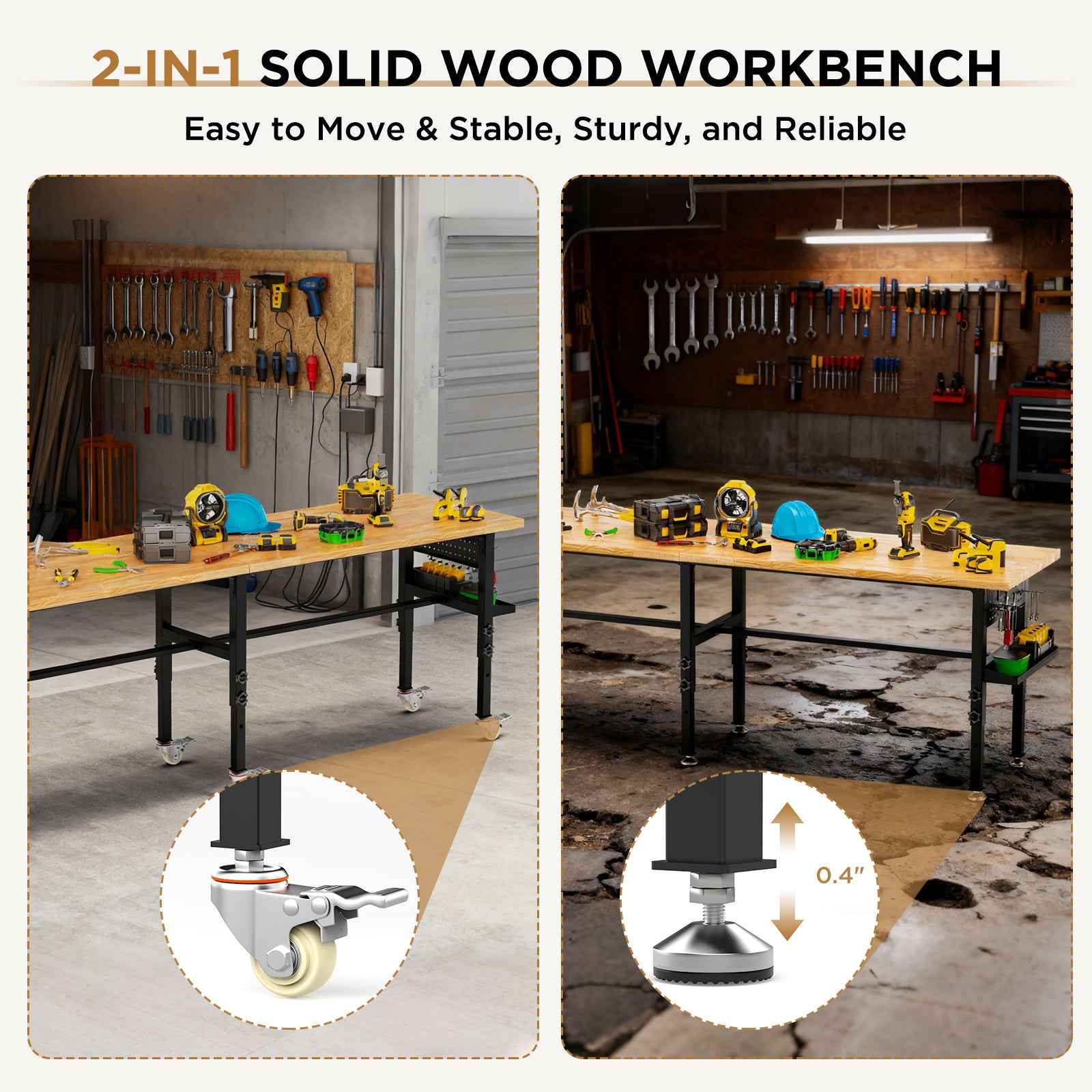 96" Adjustable Workbench with Pegboard & Power for workshop, garage, storage, or utility use