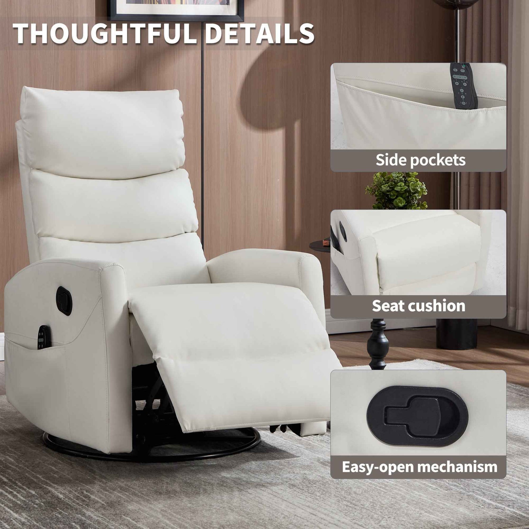 Heat Massage Manual Recliner Chair with Rocker and Swivel in Faux Leather for Living Room detail image 14