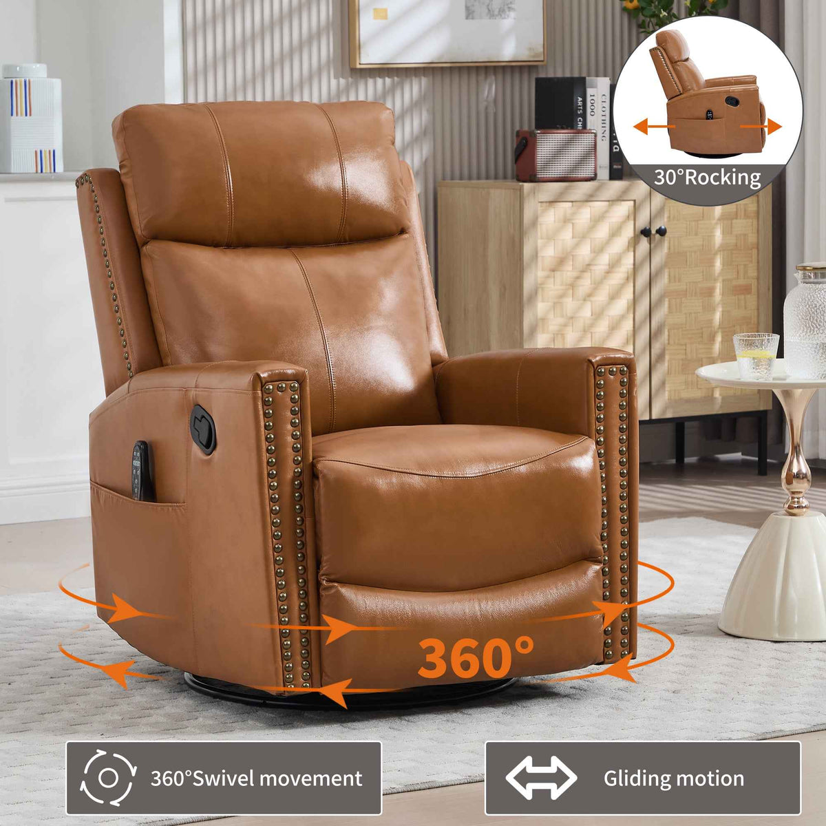 Genuine Leather Heat Massage Manual Recliner Chair with Rocker and Swivel for Living Room detail image 58