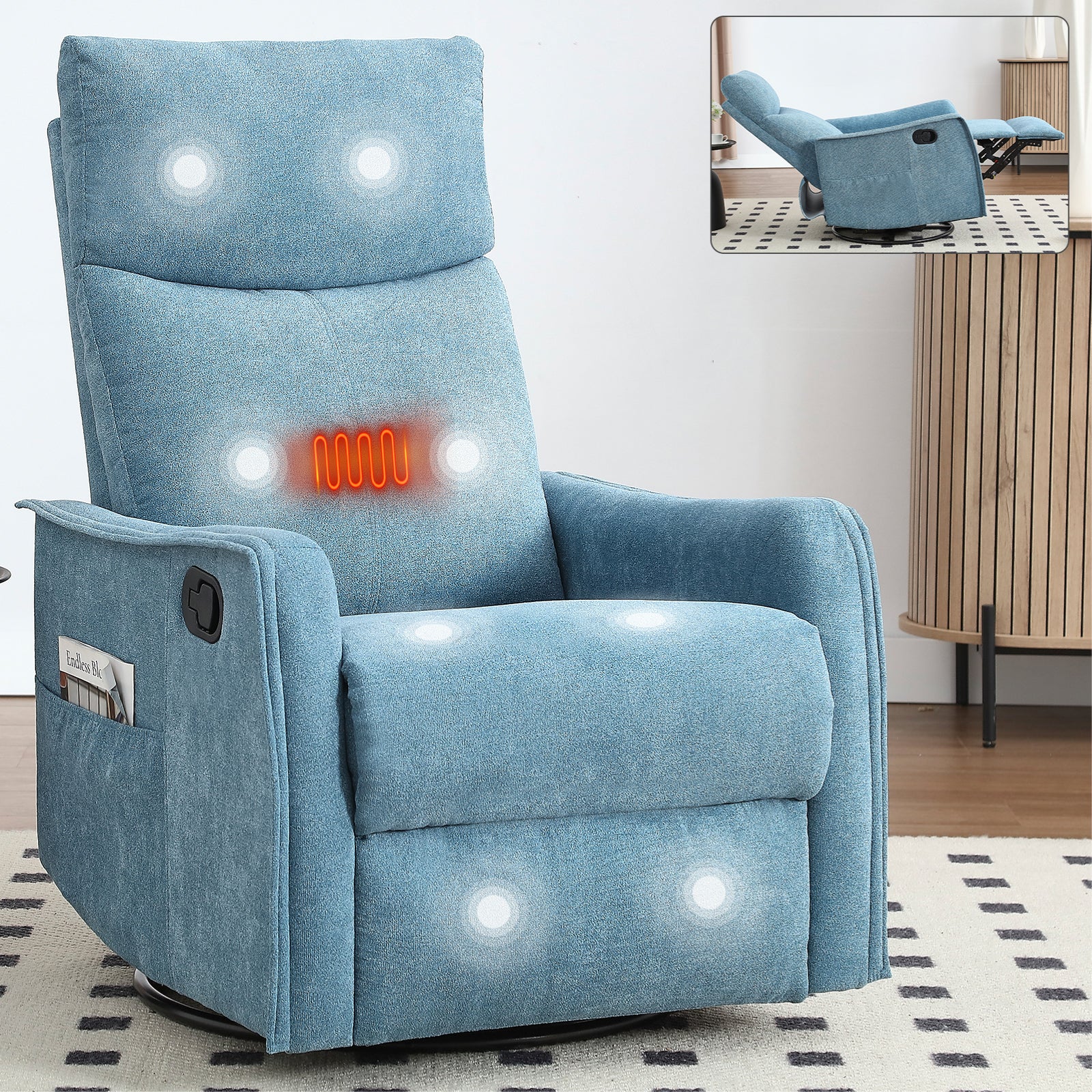 Heat Massage Manual Recliner Chair with Rocker and Swivel in Fabric for Living Room detail image 36