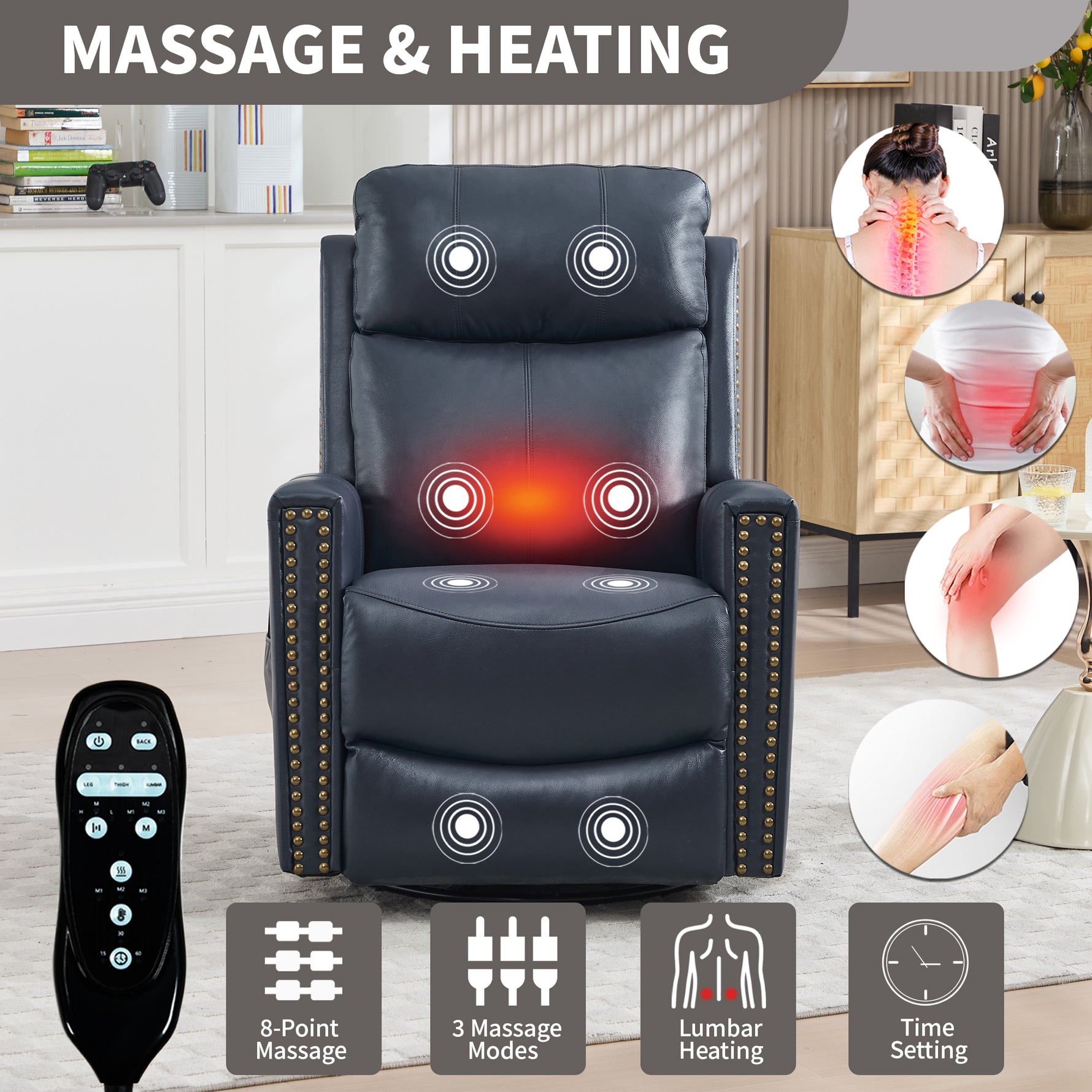 Genuine Leather Heat Massage Manual Recliner Chair with Rocker and Swivel for Living Room detail image 44