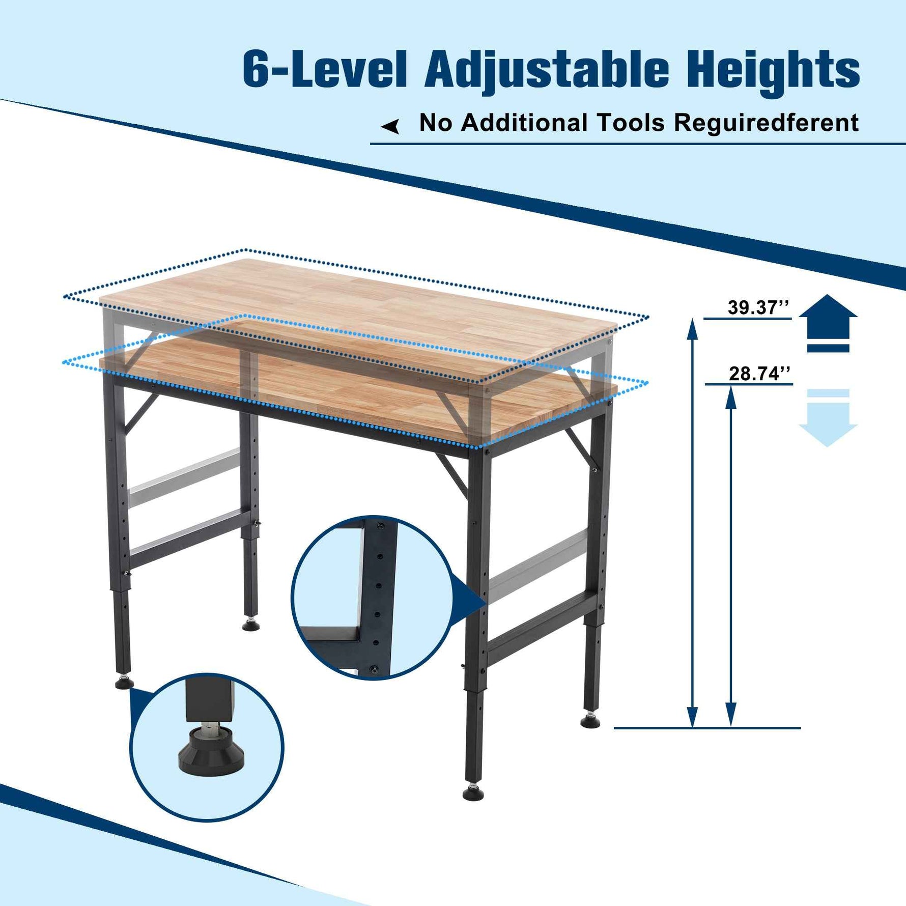 Adjustable Height Heavy-Duty Workbench, Rubber Wood Top Workstation with Power Outlets for workshop, garage, storage, or utility use