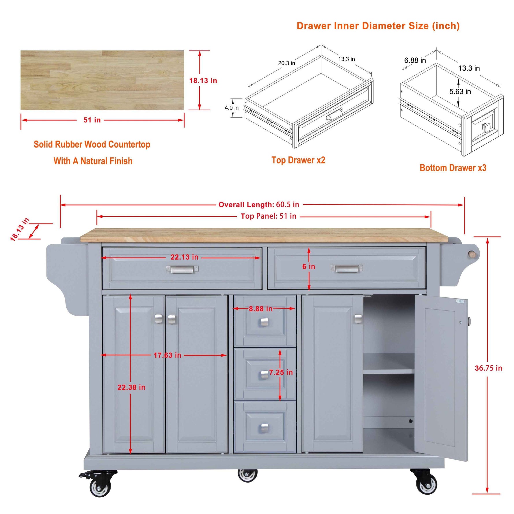 Rubberwood Kitchen Cart with 5 Drawers & Storage Cabinet product view 26