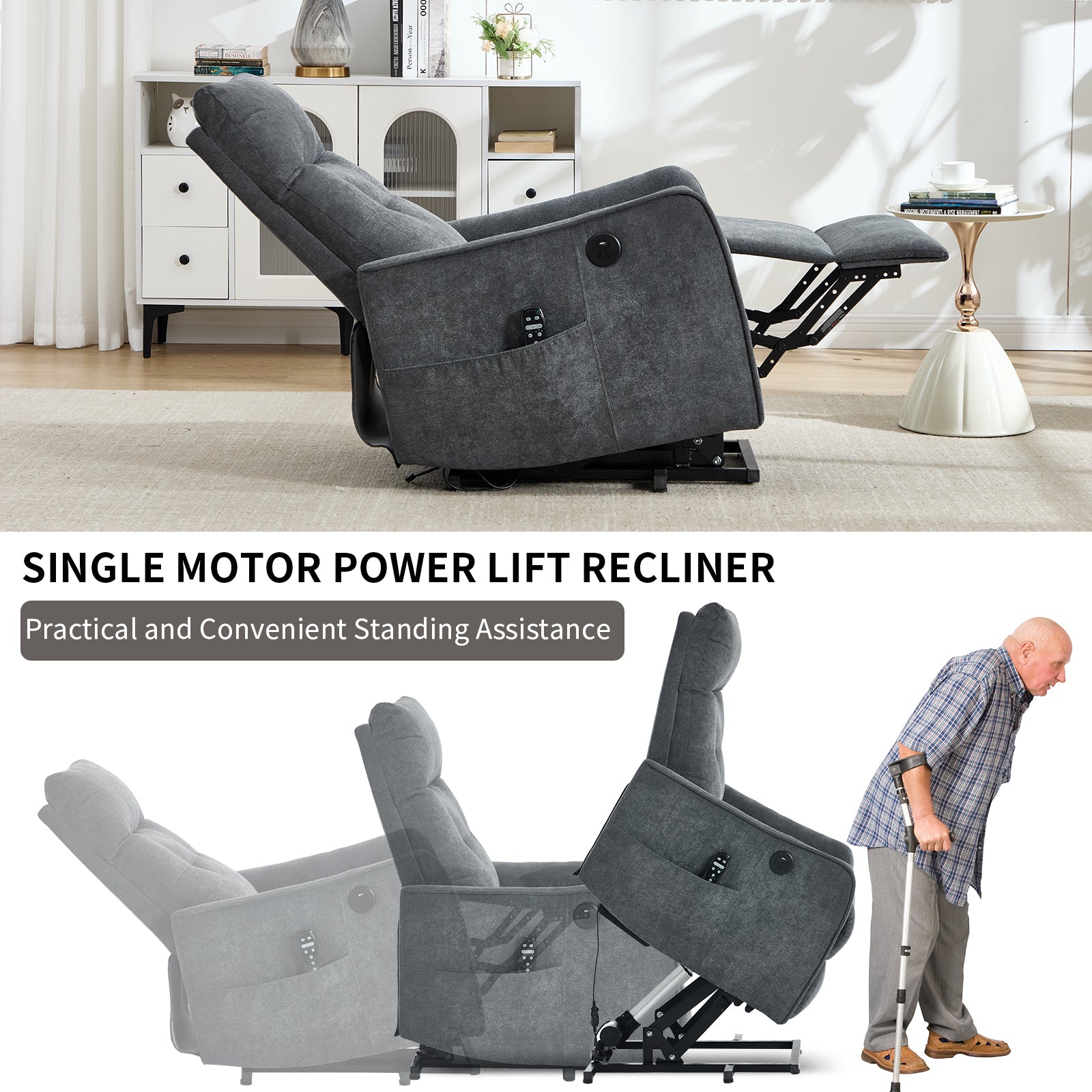 Chenille Single-Motor Power Lift Recliner with Massage & Heat detail image 45