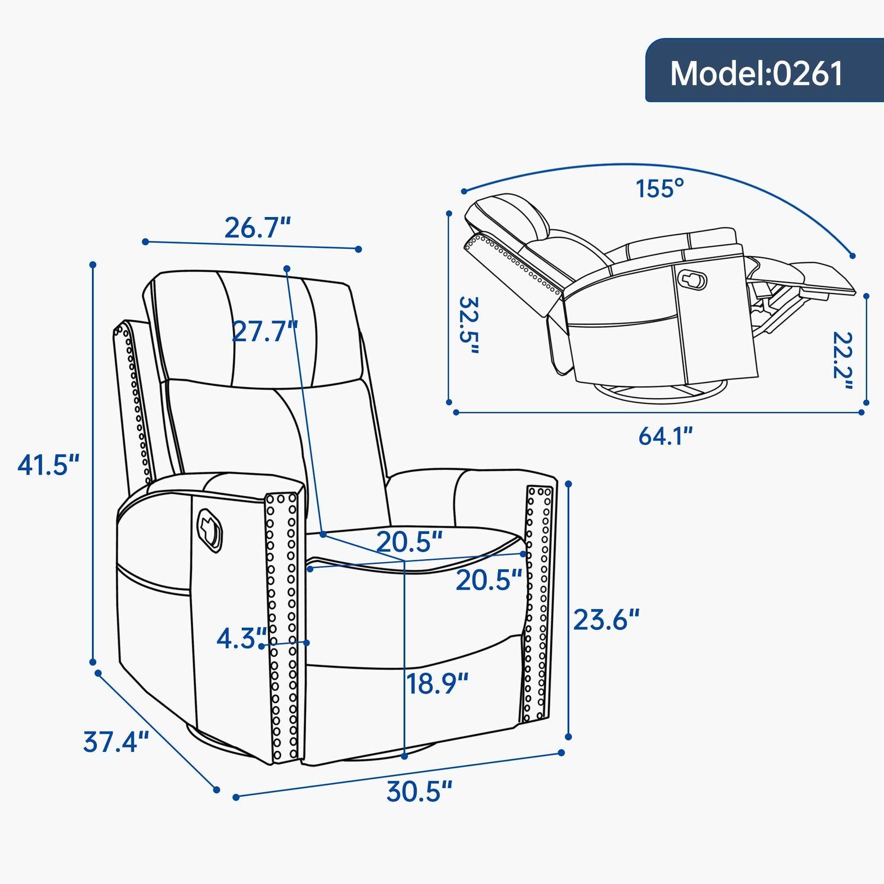Genuine Leather Heat Massage Manual Recliner Chair with Rocker and Swivel for Living Room detail image 75
