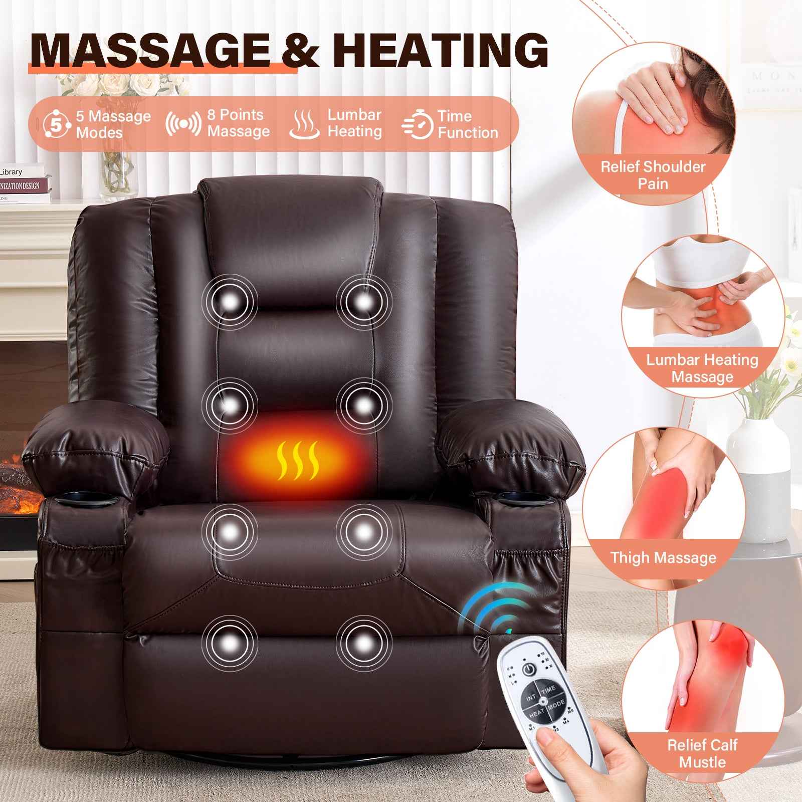 Rocker Recliner Chair with Massage and Heat for Adults, 360°Swivel detail image 4