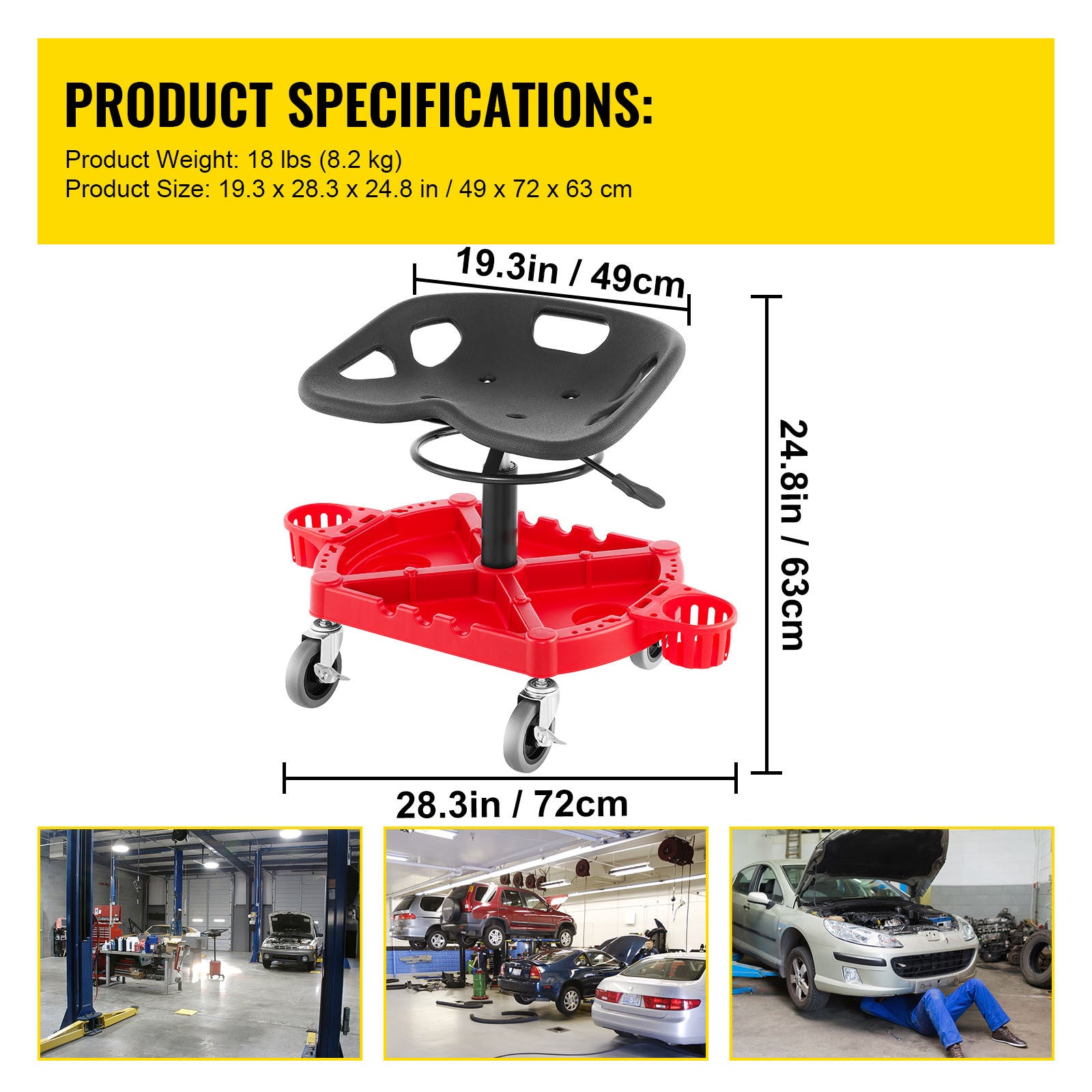 VEVOR Adjustable Rolling Garage Stool, 18–23 in. product image