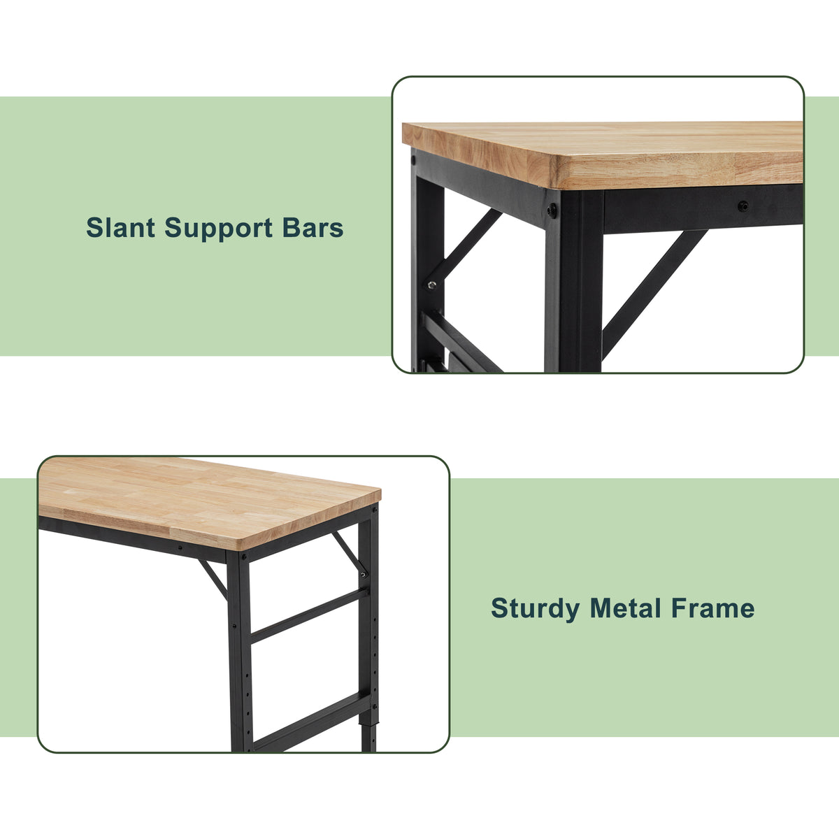 Adjustable Height Heavy-Duty Workbench, Rubber Wood Top Workstation with Power Outlets for workshop, garage, storage, or utility use