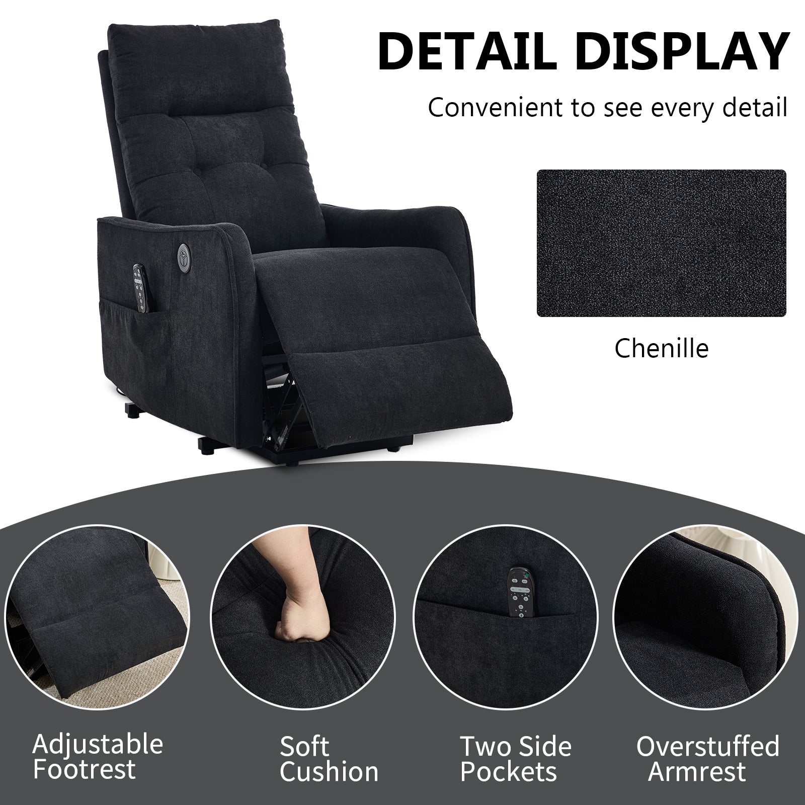 Chenille Single-Motor Power Lift Recliner with Massage & Heat detail image 62