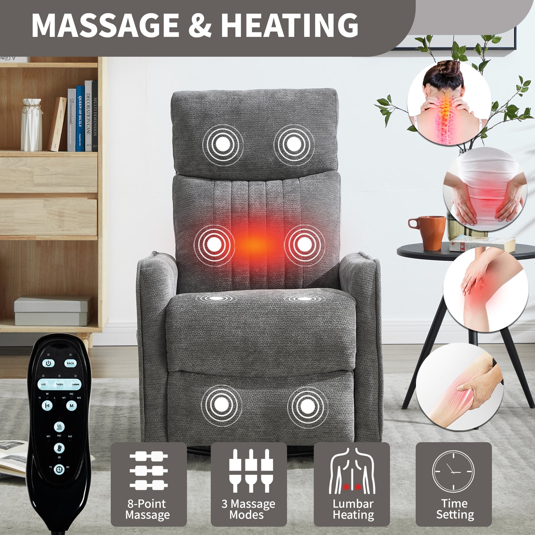 Heat Massage Manual Recliner Chair with Rocker and Swivel in Fabric for Living detail image 8