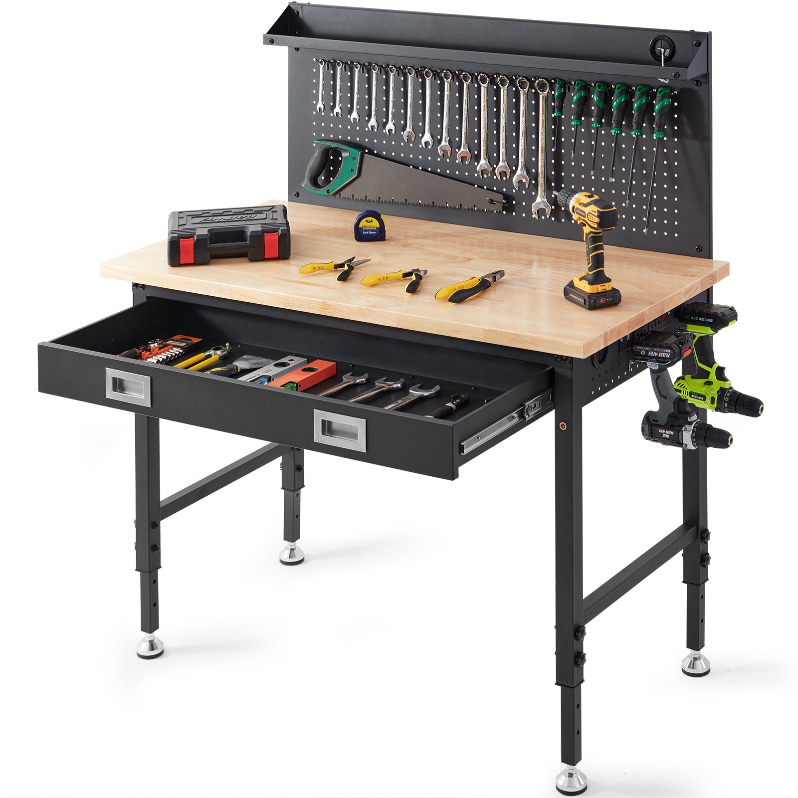 VEVOR Adjustable Height Hardwood Workbench with Power Outlets for workshop, garage, storage, or utility use