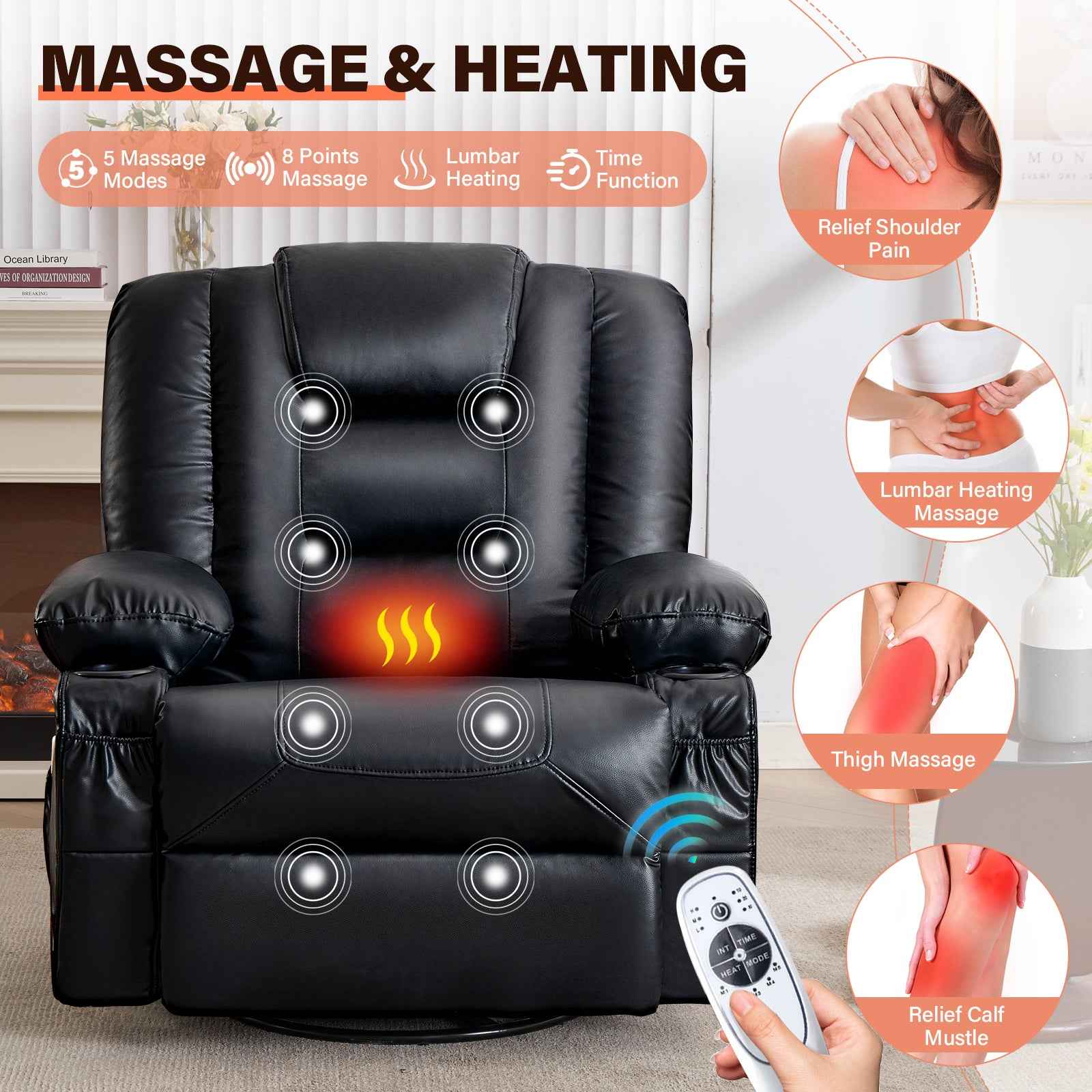 Rocker Recliner Chair with Massage and Heat for Adults, 360°Swivel detail image 12
