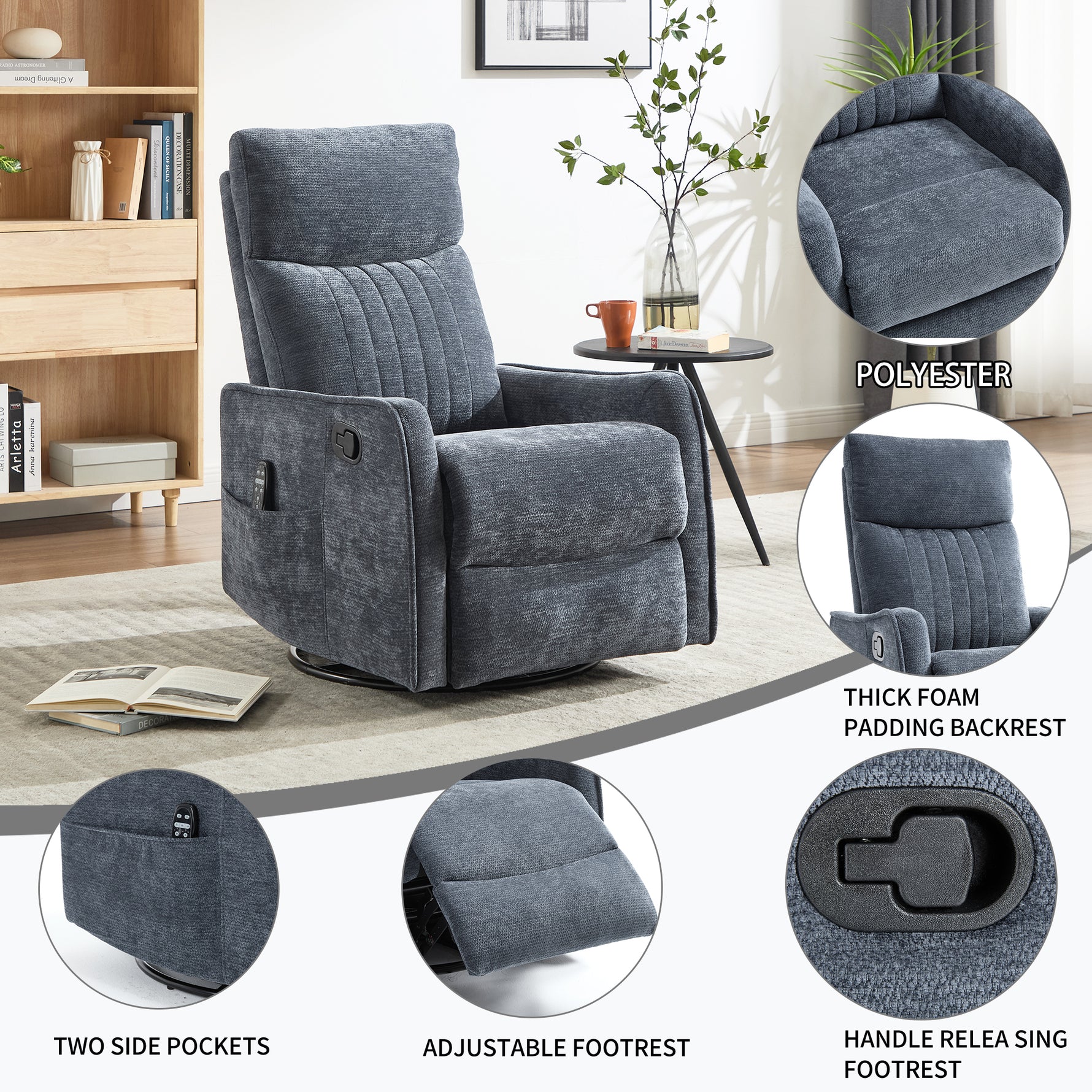 Heat Massage Manual Recliner Chair with Rocker and Swivel in Fabric for Living Room detail image 29