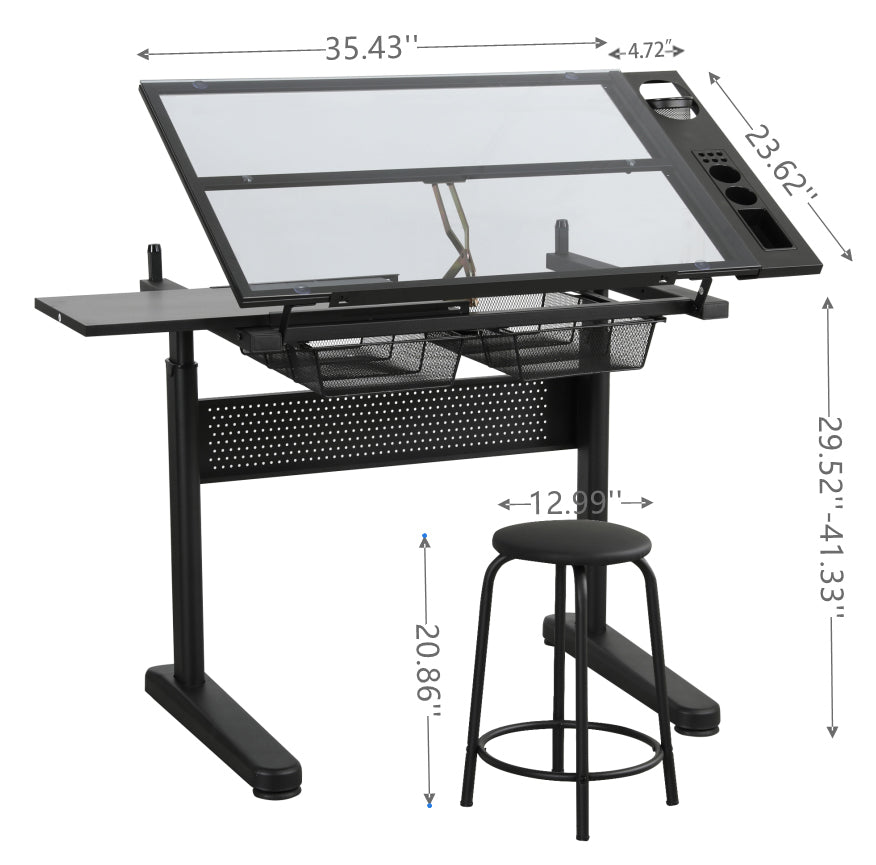 Hand Crank Adjustable Drafting Table with Drawers & Stool hobby and puzzle table