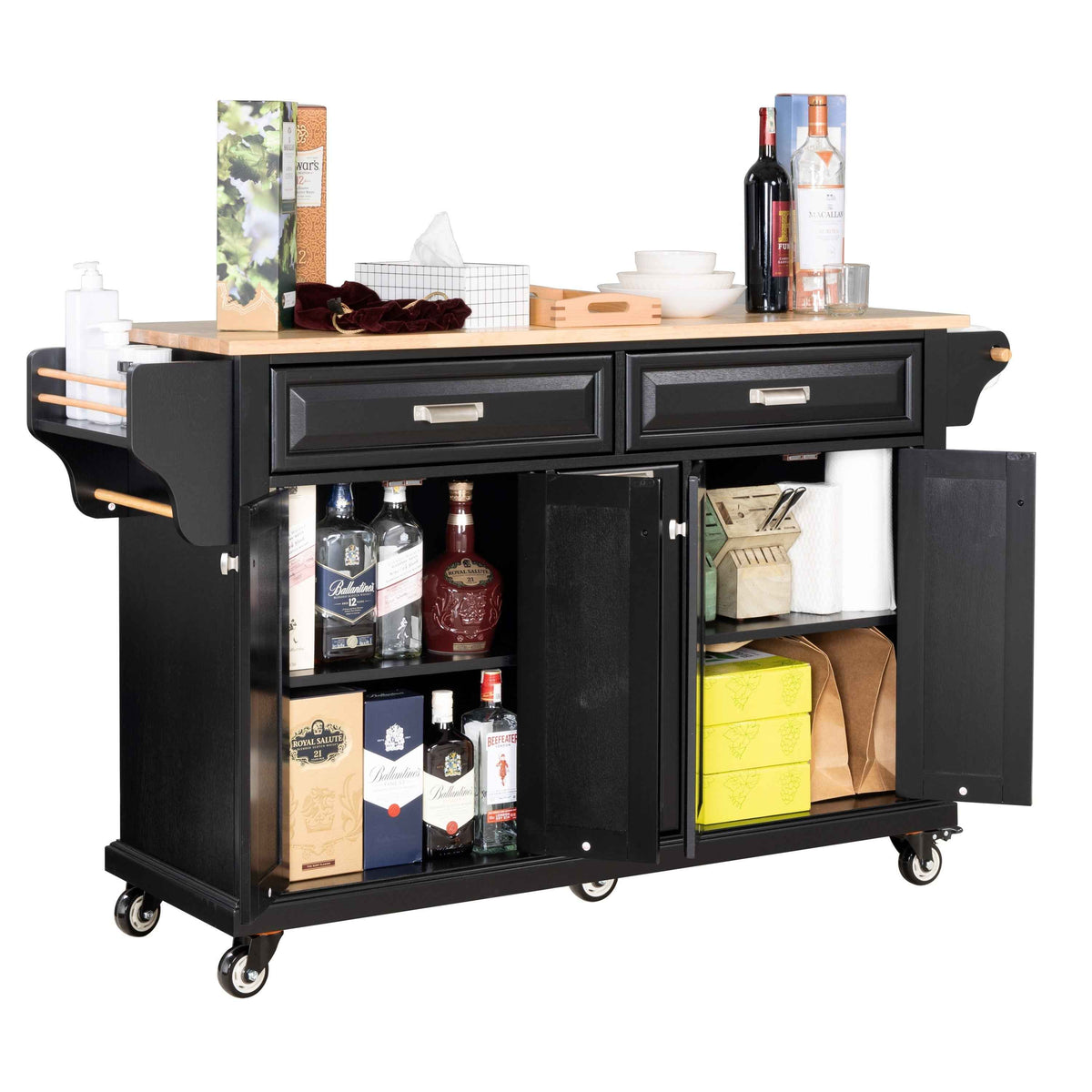 Rubberwood Drop-Leaf Kitchen Cart with 3 Drawers product view 19