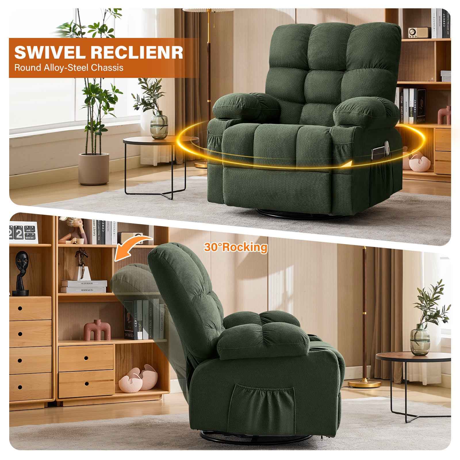 Massage Swivel Rocker Recliner Chair with Vibration, Lumbar Heating, Side Pocket detail image 18