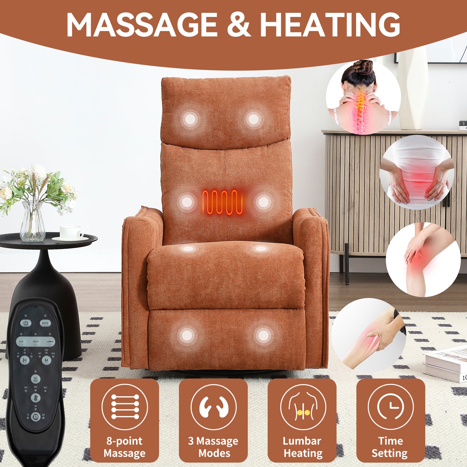 Heat Massage Manual Recliner Chair with Rocker and Swivel in Fabric for Living Room detail image 9