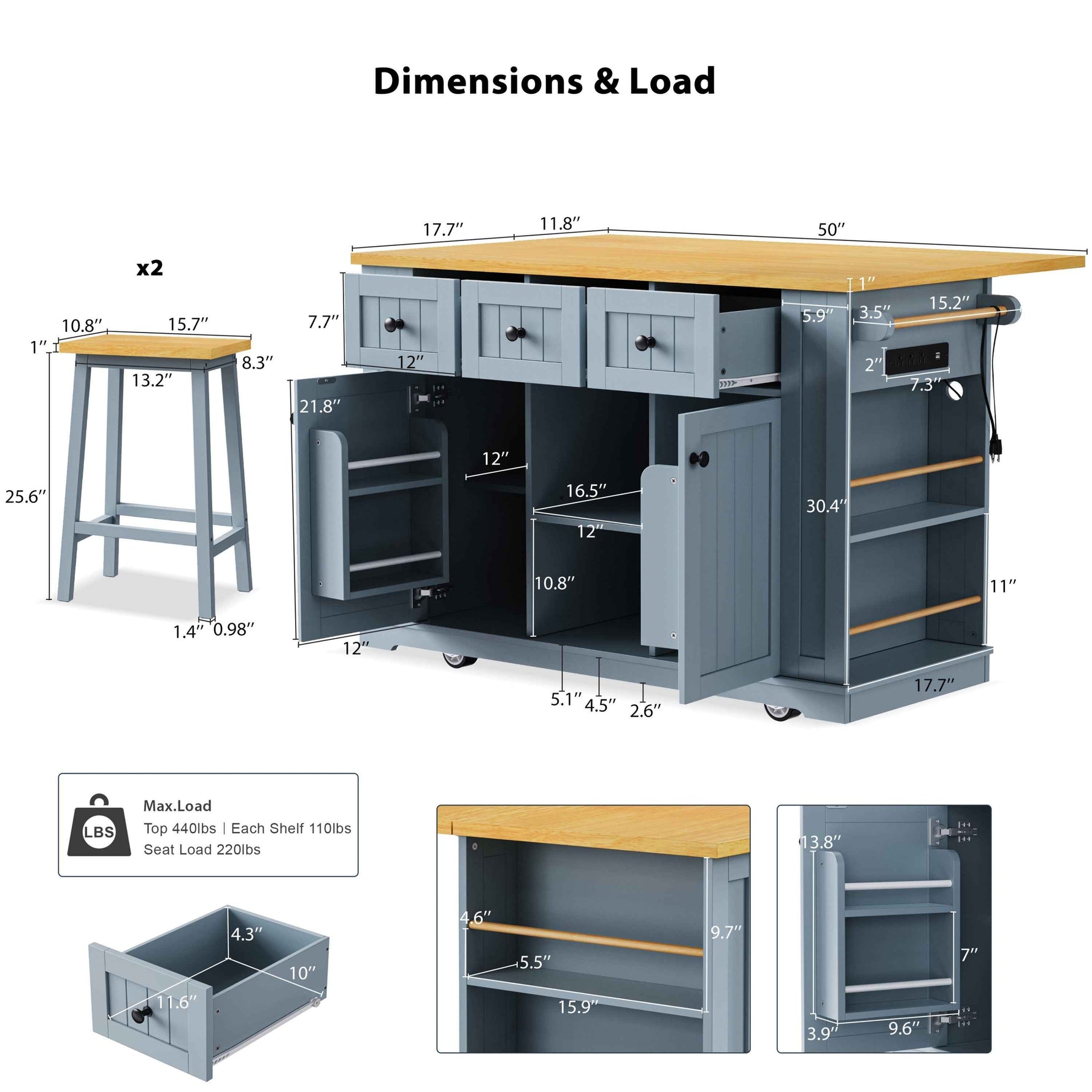 53 in. Farmhouse Kitchen Island with Power Outlet & Stools product view 68