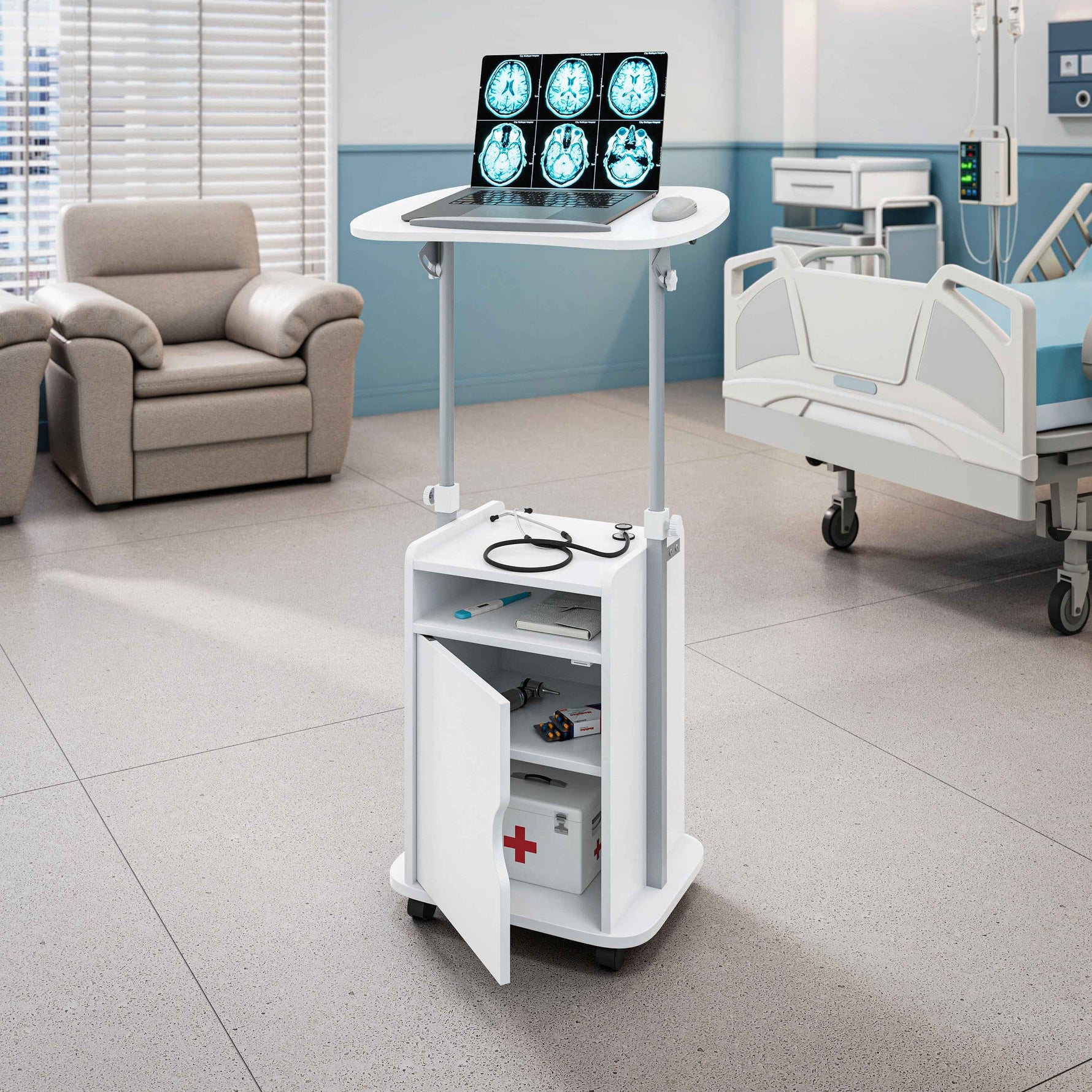 Techni Mobili Sit-to-Stand Laptop Cart with Storage mobile laptop workstation