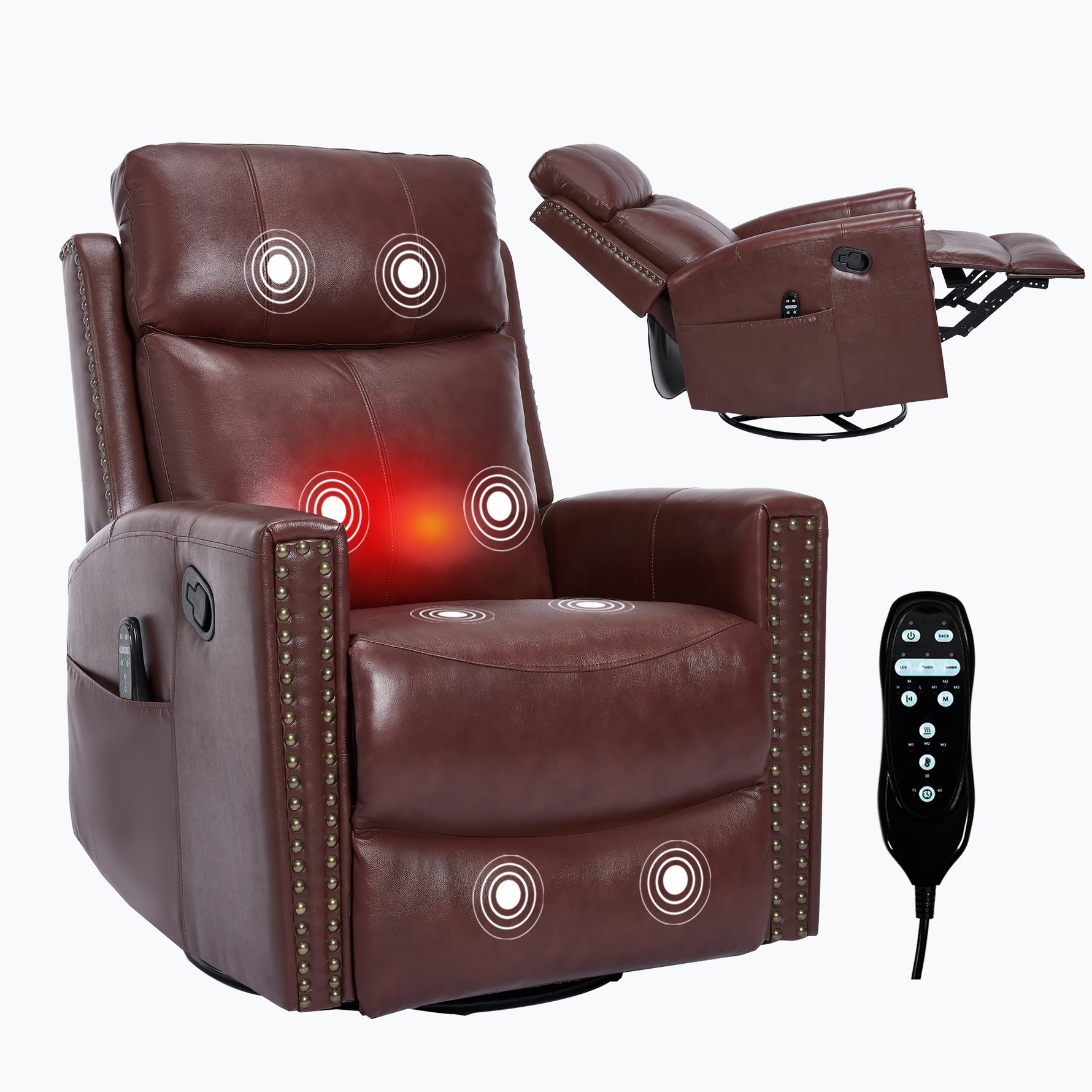 Genuine Leather Heat Massage Manual Recliner Chair with Rocker and Swivel for Living Room detail image 31