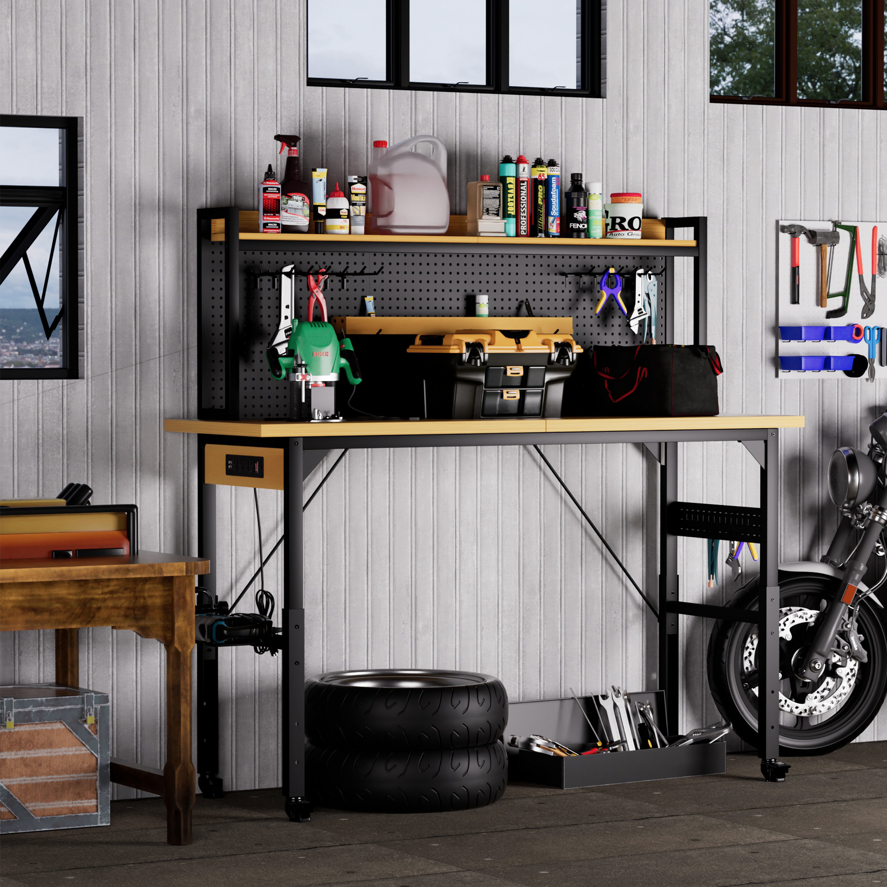 Heavy-Duty Adjustable Workbench with Pegboard & Wheels workshop project bench