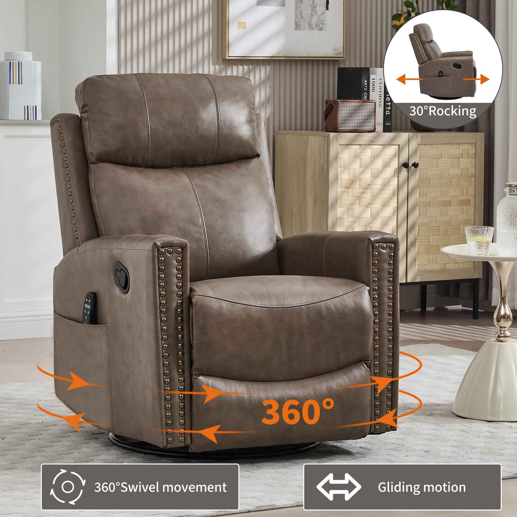 Genuine Leather Heat Massage Manual Recliner Chair with Rocker and Swivel for Living Room detail image 76