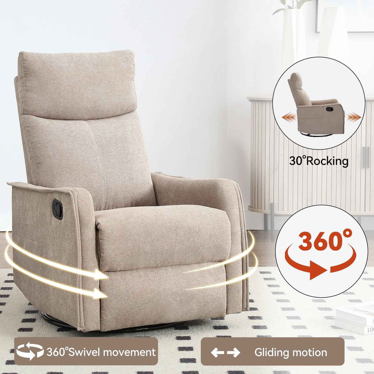 Heat Massage Manual Recliner Chair with Rocker and Swivel in Fabric for Living Room detail image 61