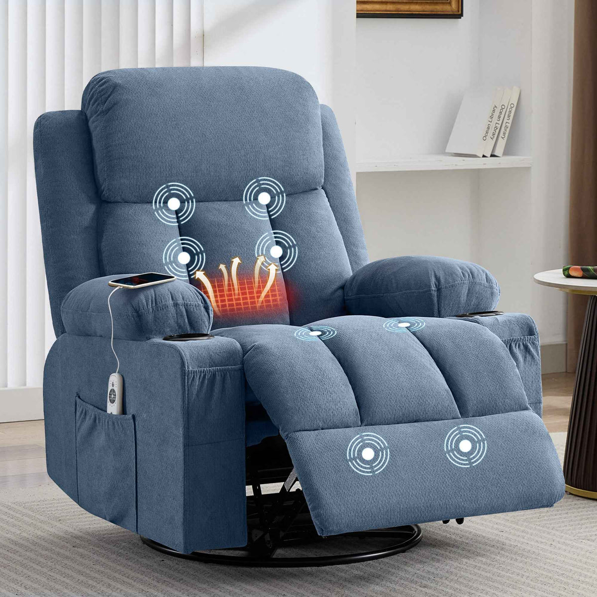 Swivel Rocker Recliner Chair with Vibration Massage, Heat, USB Port and Cup Holderrs detail image 14