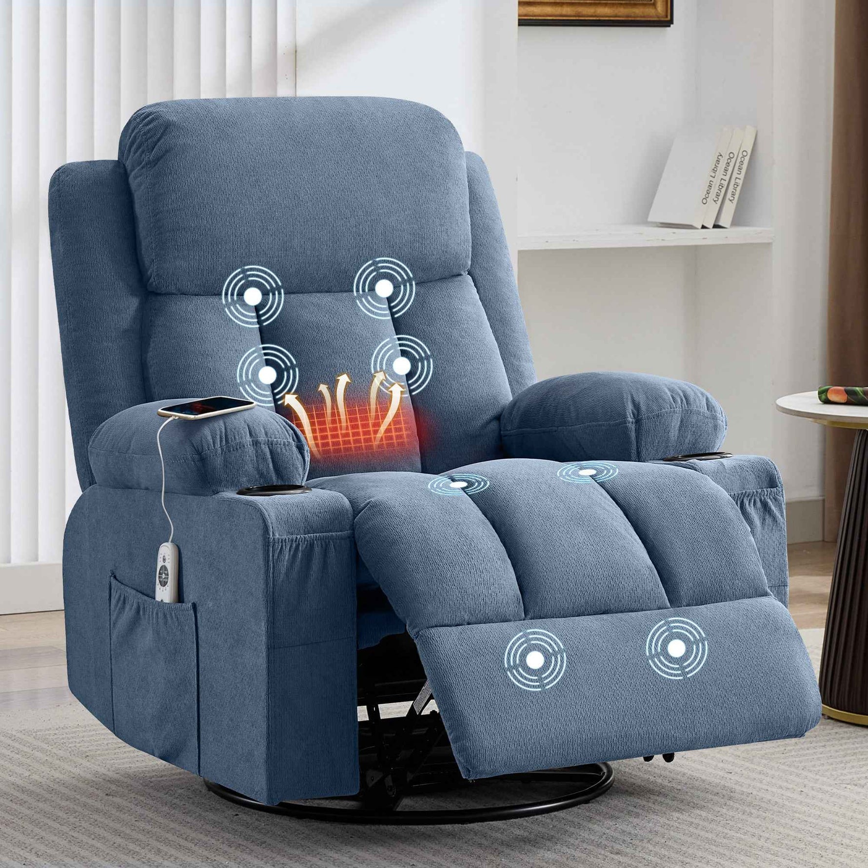 Swivel Rocker Recliner Chair with Vibration Massage, Heat, USB Port and Cup Holderrs detail image 14