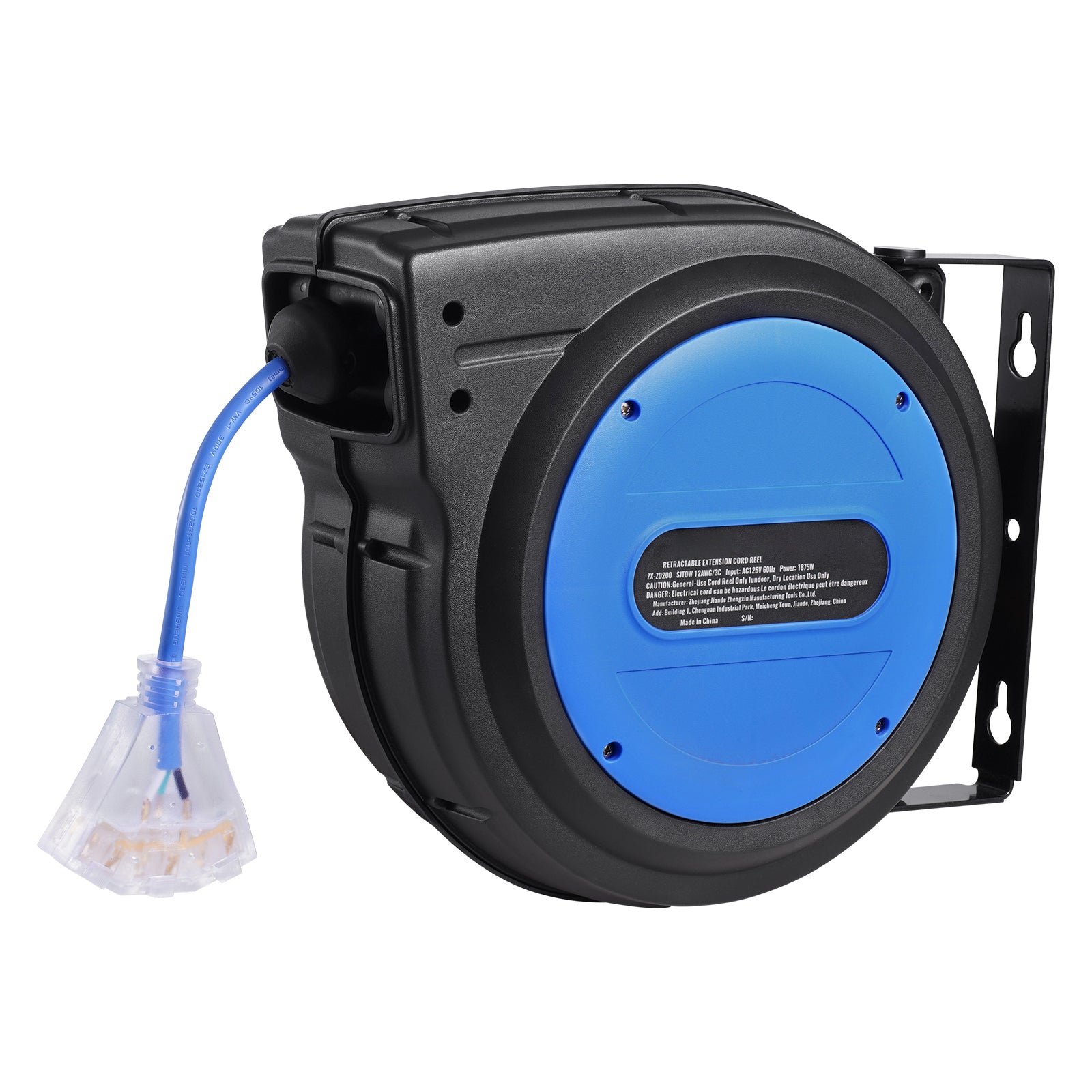 Retractable Heavy-Duty Extension Cord Reel with Triple-Tap Outlet for workshop, garage, storage, or utility use
