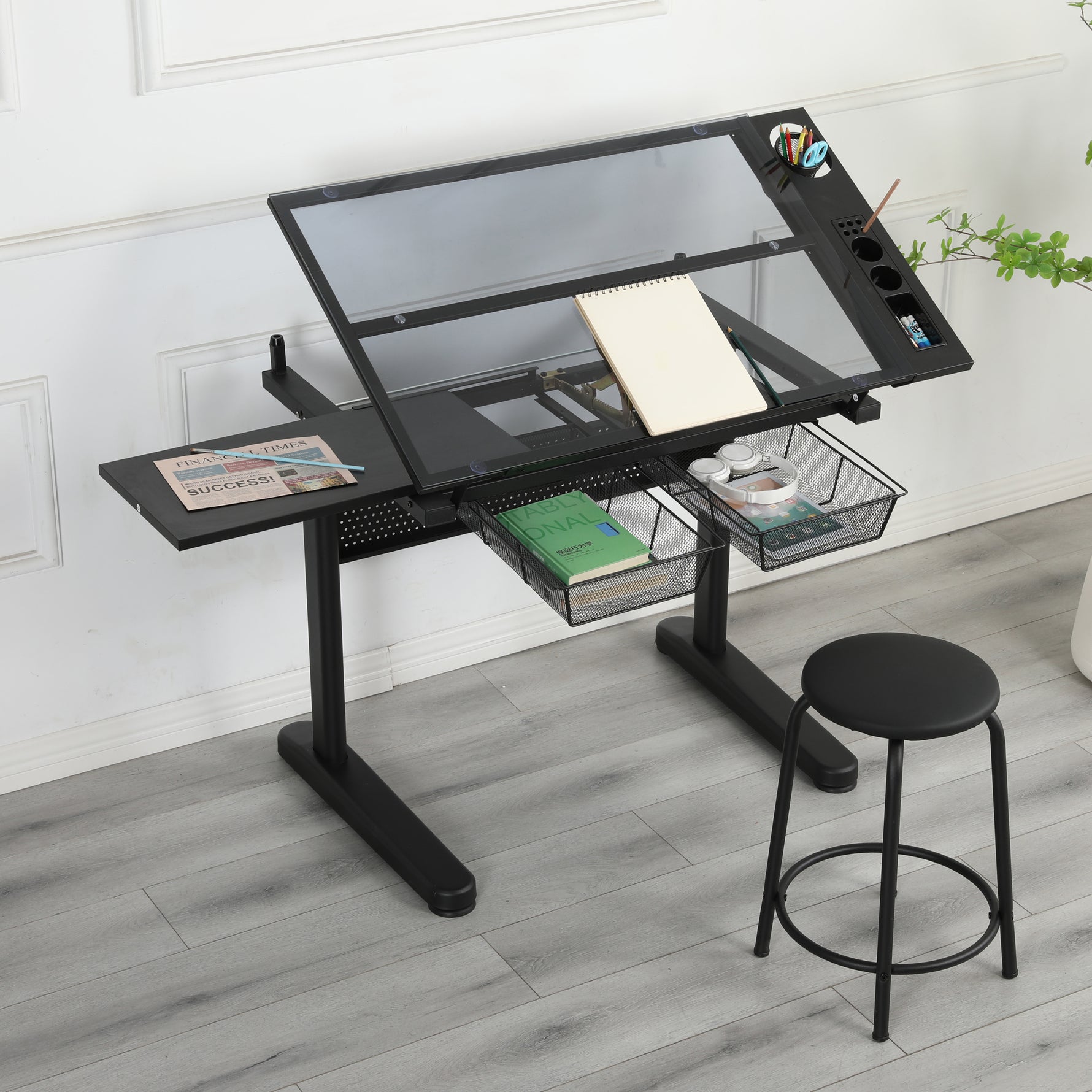 Hand Crank Adjustable Drafting Table with Drawers & Stool hobby and puzzle table