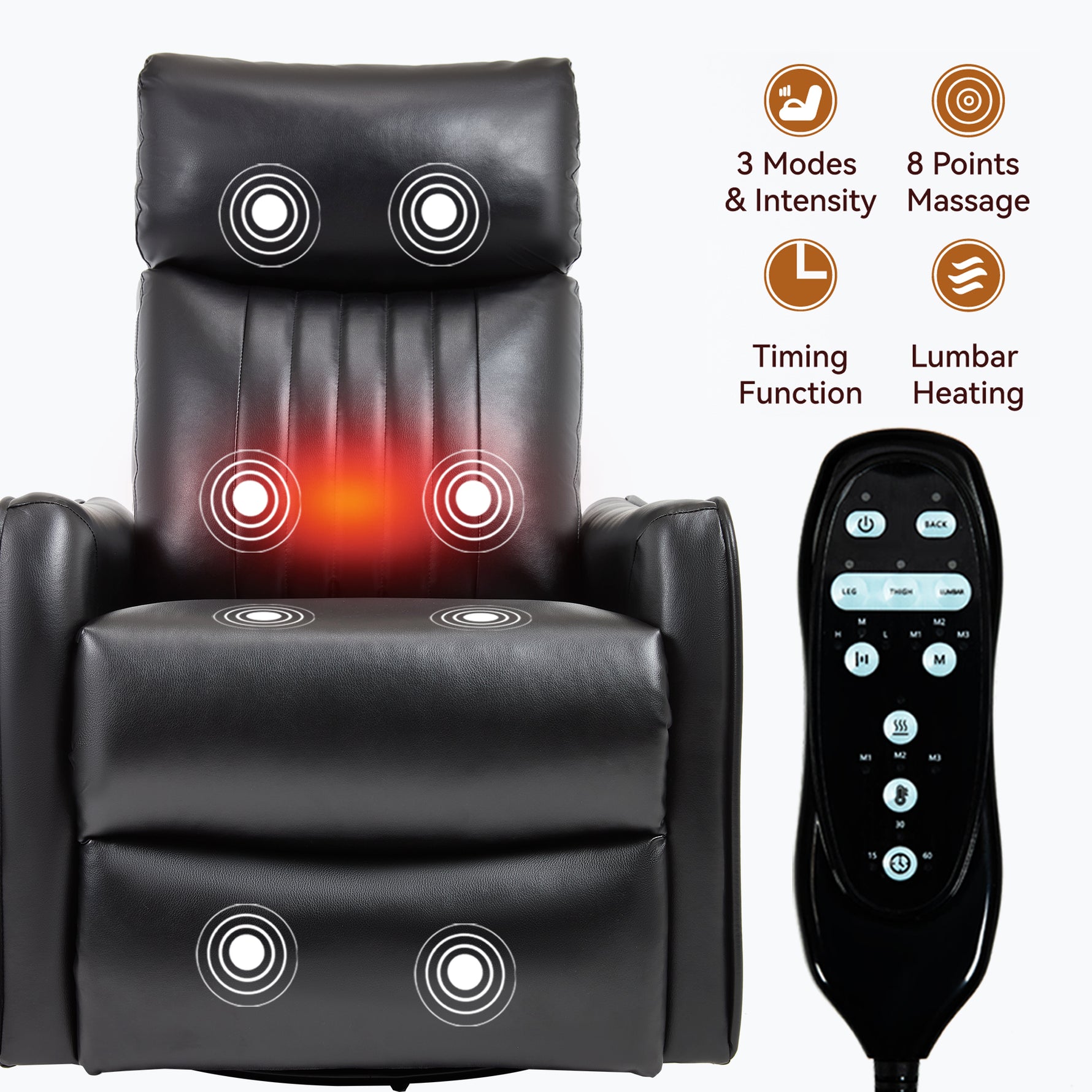 Faux Leather Heat Massage Manual Recliner Chair with Rocker and Swivel for Living Room detail image 9