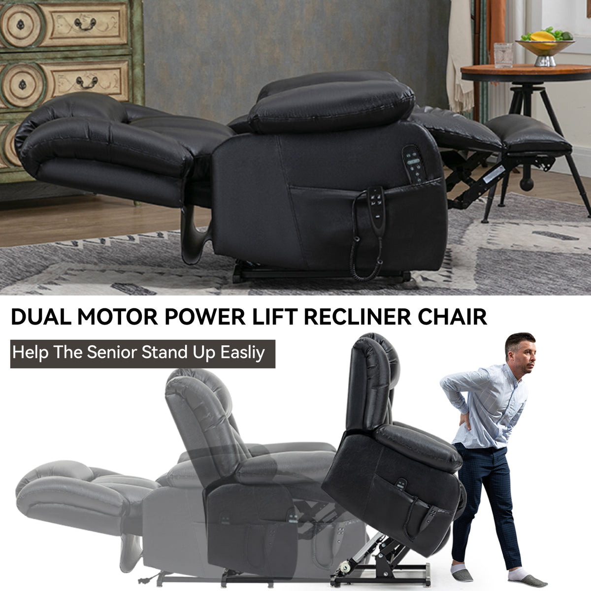 Dual-Motor Power Lift Genuine Leather Heat & Massage Recliner detail image 11