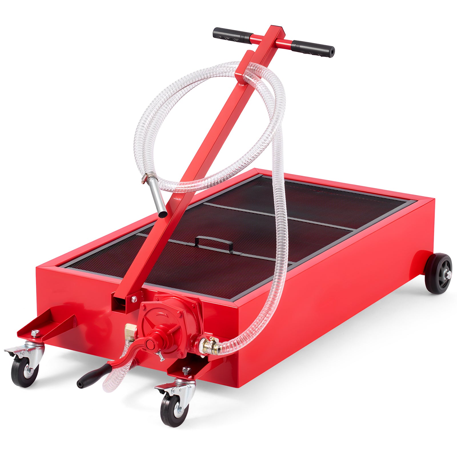 Low-Profile Rolling Oil Drain Pan with Manual Pump for workshop, garage, storage, or utility use