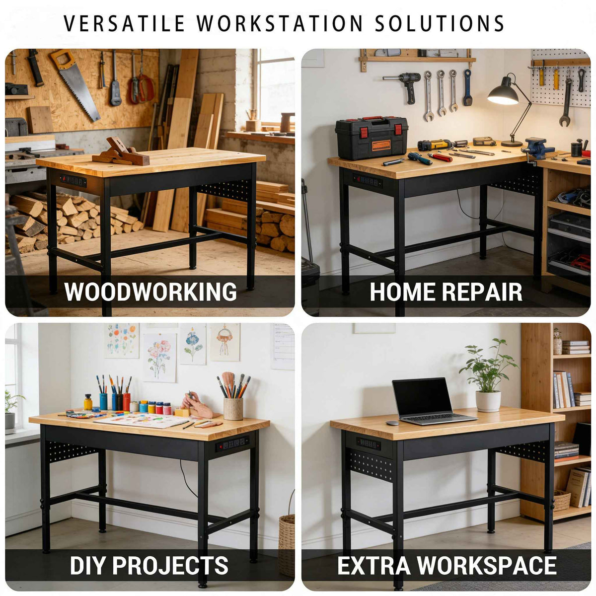 Heavy-Duty Adjustable Workbench with Power Outlet for workshop, garage, storage, or utility use