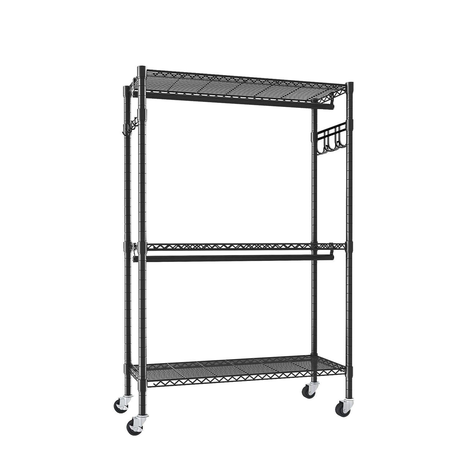 Heavy Duty Rolling Clothes Rack with 3 Tier Shelves, 2 Rails & Side Hooks for workshop, garage, storage, or utility use