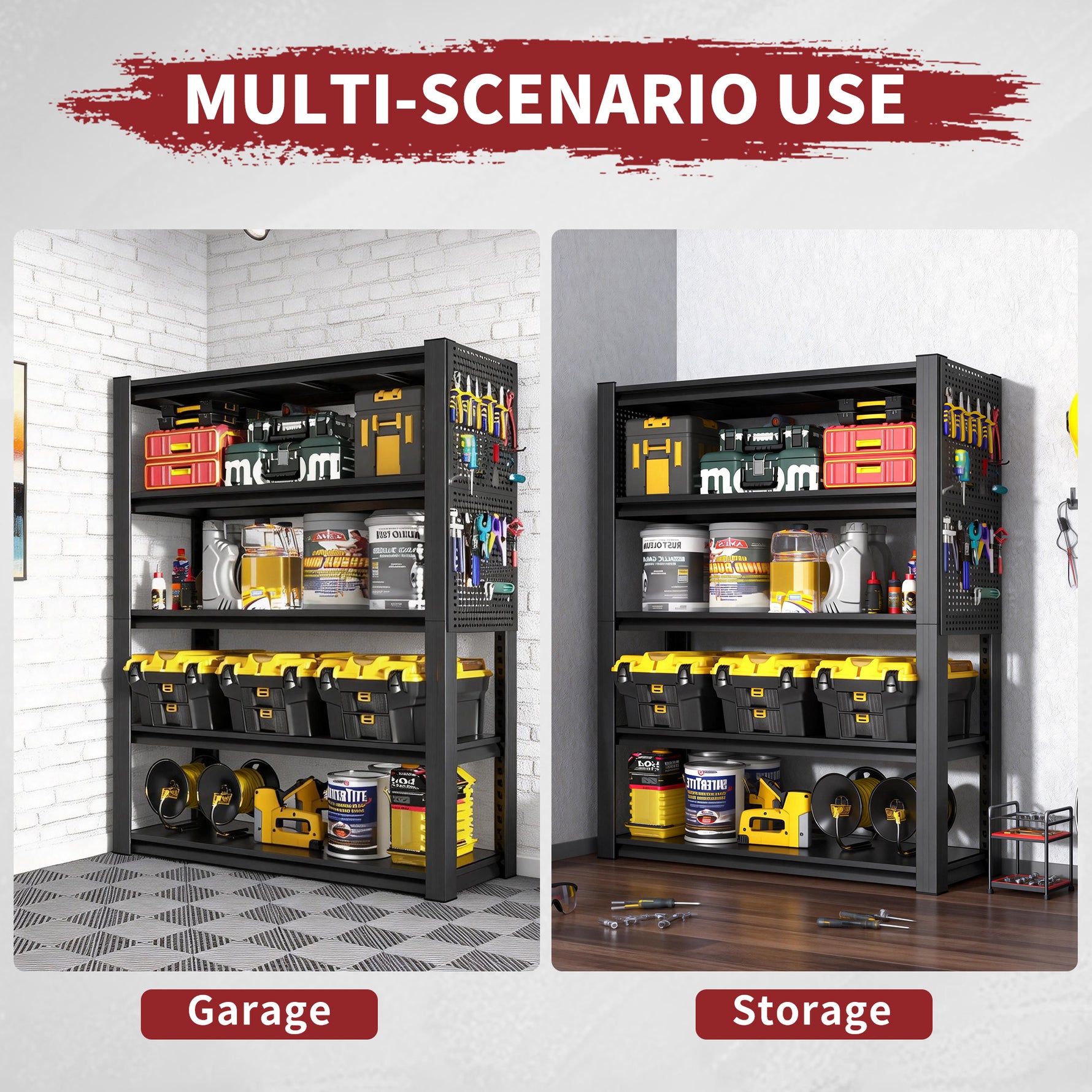 Industrial Heavy-Duty Metal 5-Tier Adjustable Shelving Unit with Pegboard for workshop, garage, storage, or utility use