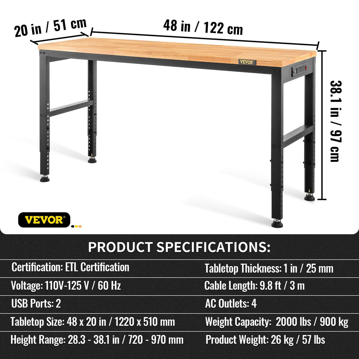 VEVOR Adjustable Height Hardwood Workbench with Power Outlets for workshop, garage, storage, or utility use