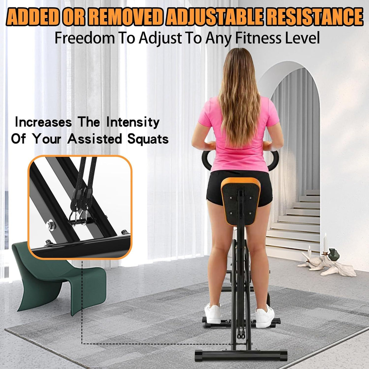Foldable Assisted Squat Trainer with Resistance Bands, Black detail image 3